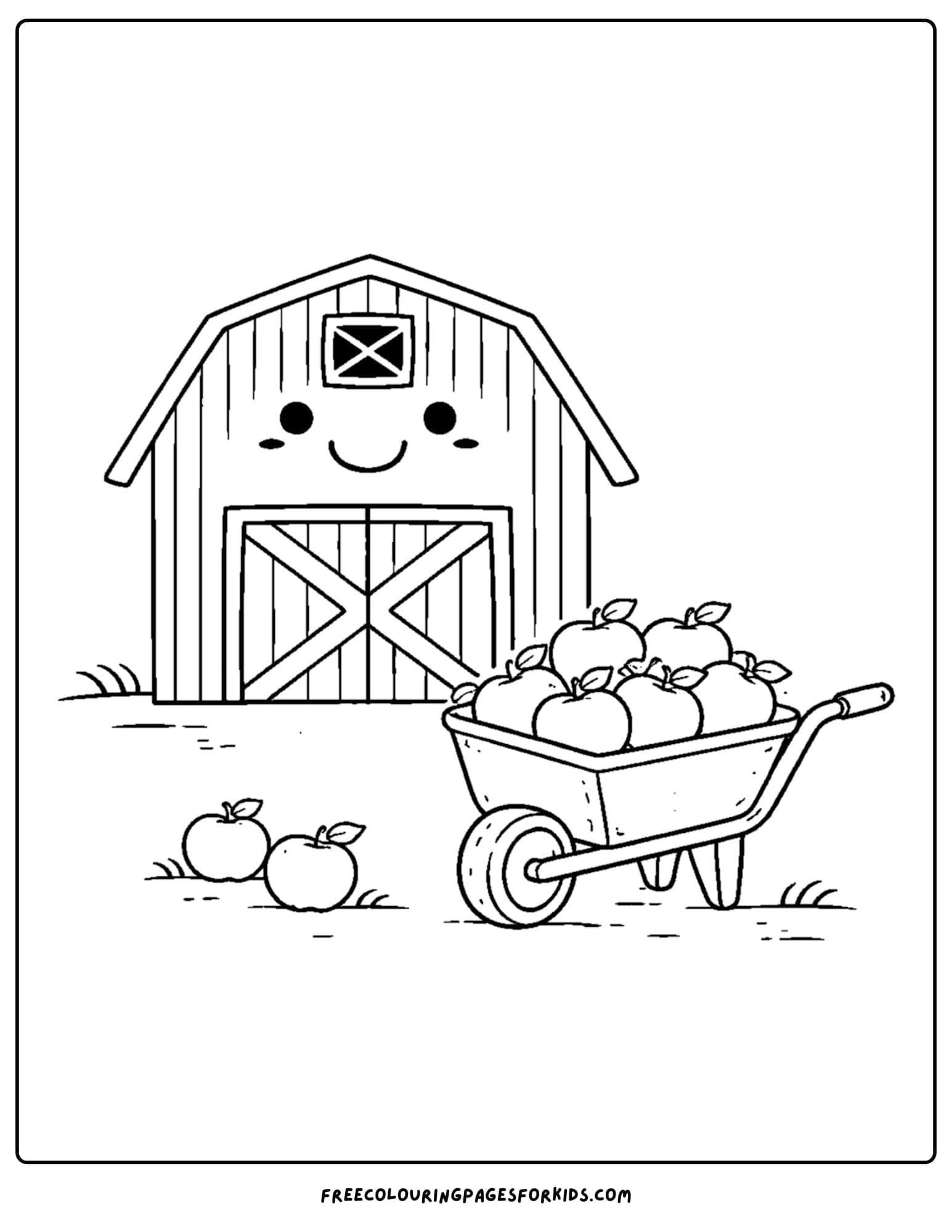 a barn coloring page of a barn and wheelbarrow full of apples