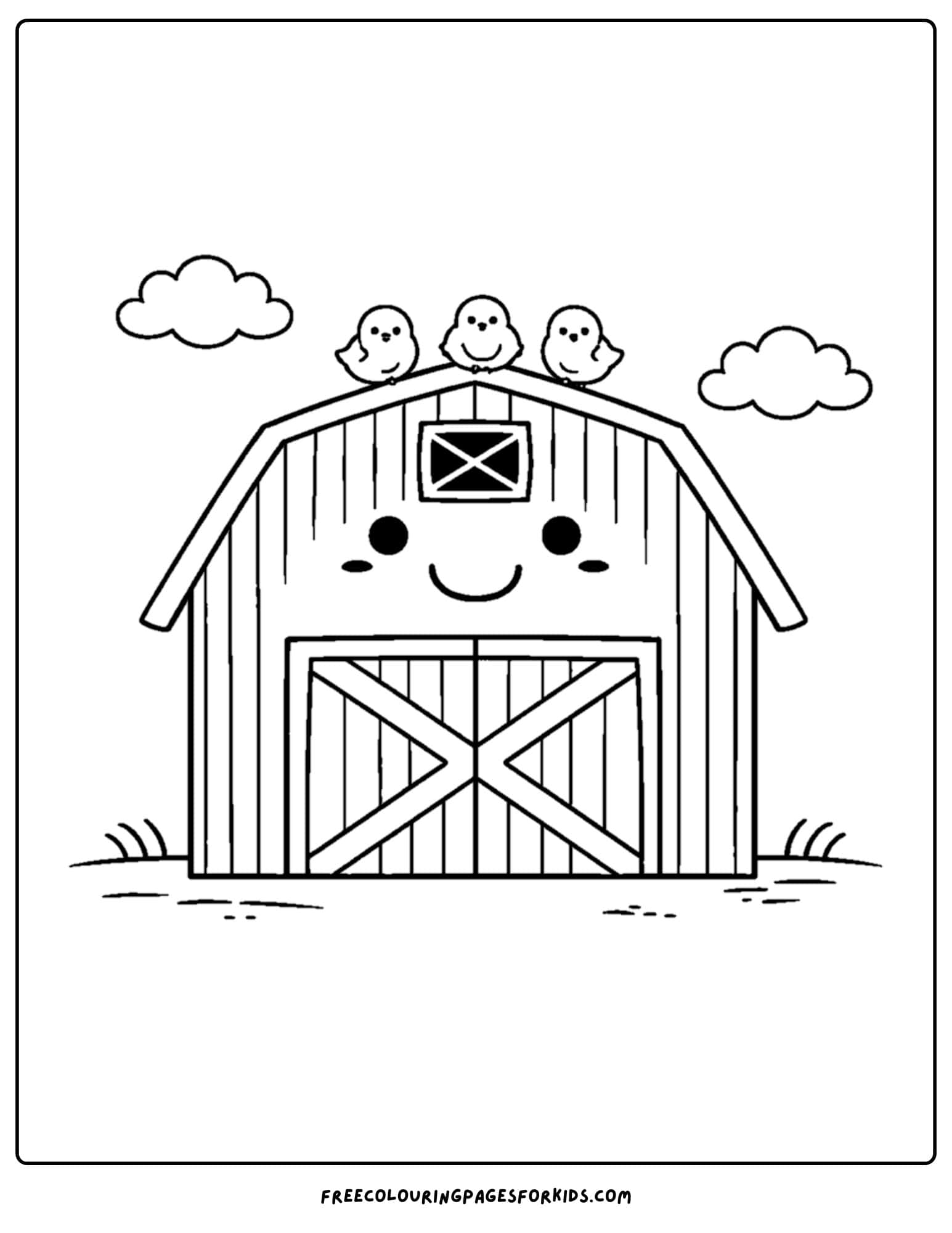 a barn coloring page of a barn with birds on the roof