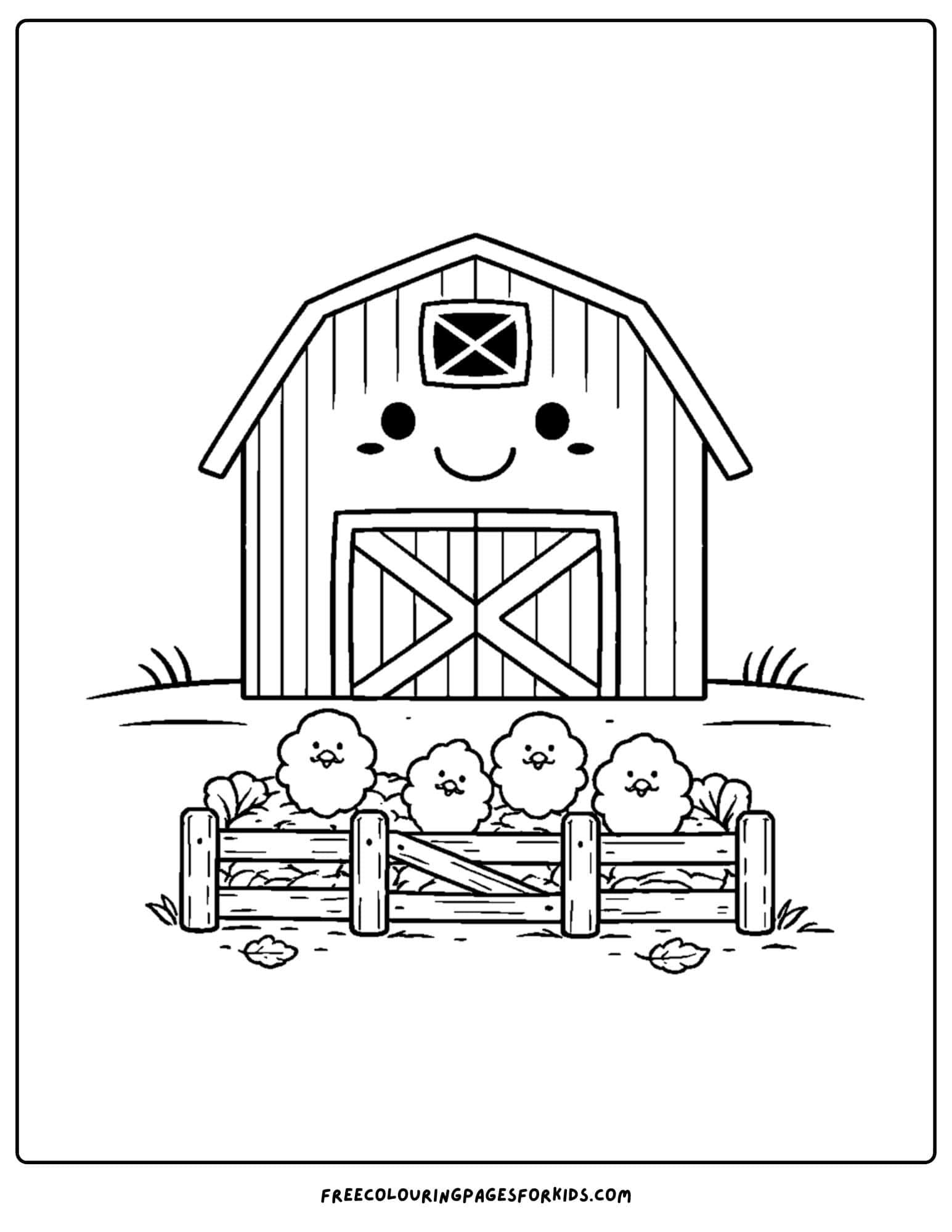 a barn coloring page of a barn with chicks in a pen