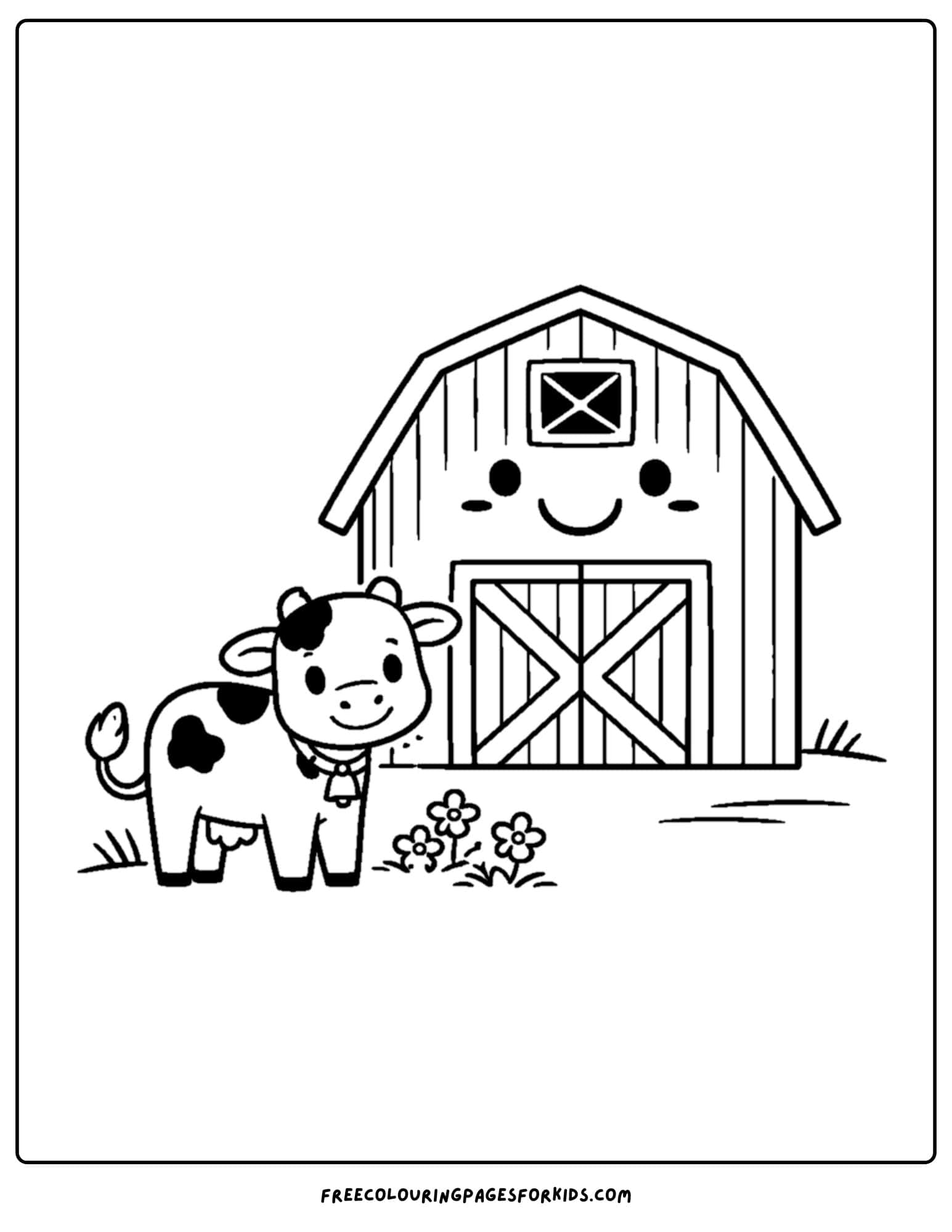 a barn coloring page of a barn and a cow