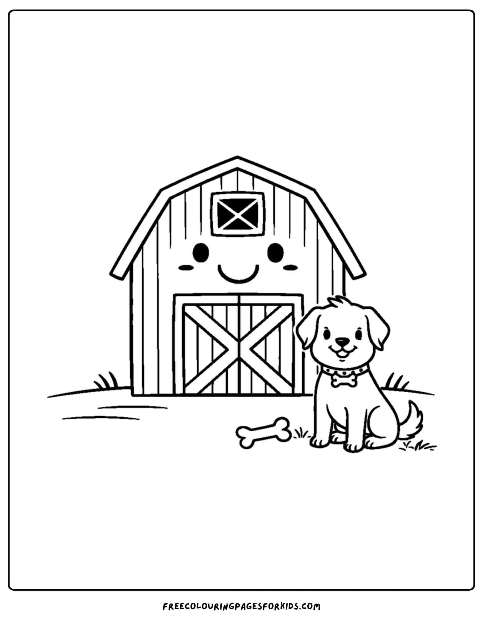 a barn coloring page of a barn and a dog with a bone