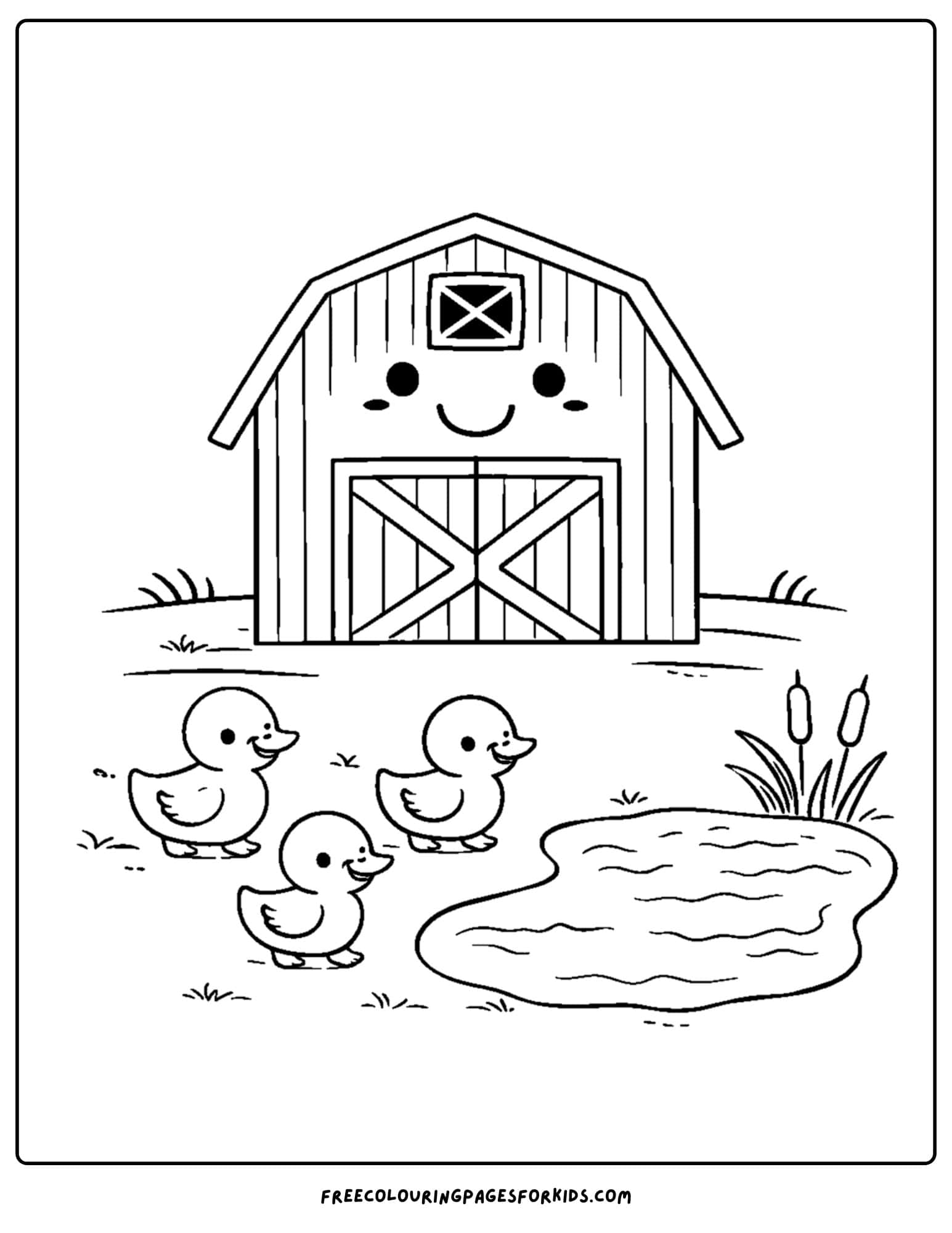 a barn coloring page of a barn with a pond and ducks