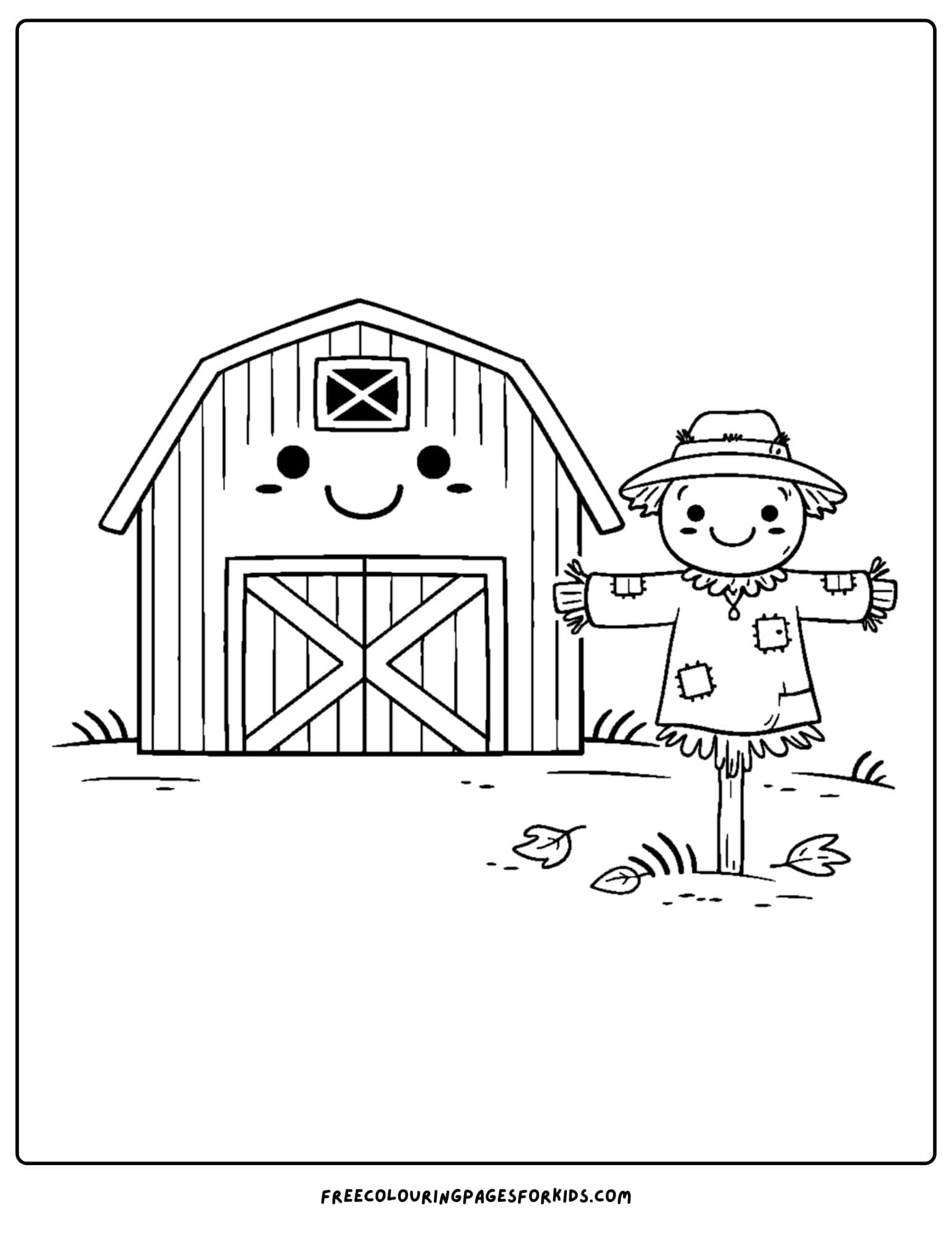 a barn coloring page of a barn with a scarecrow