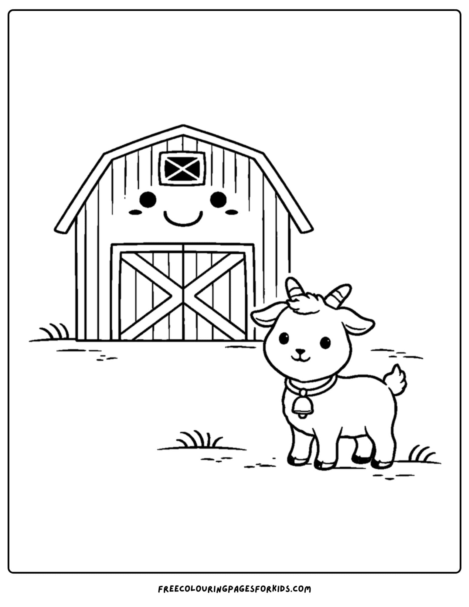 a barn coloring page of a barn and a goat