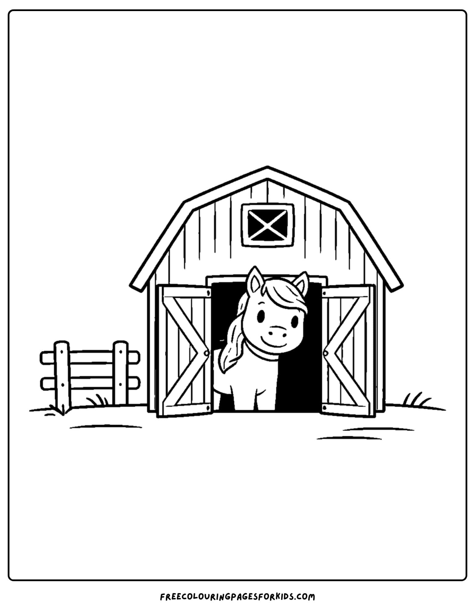 a barn coloring page of a barn with a horse in the door