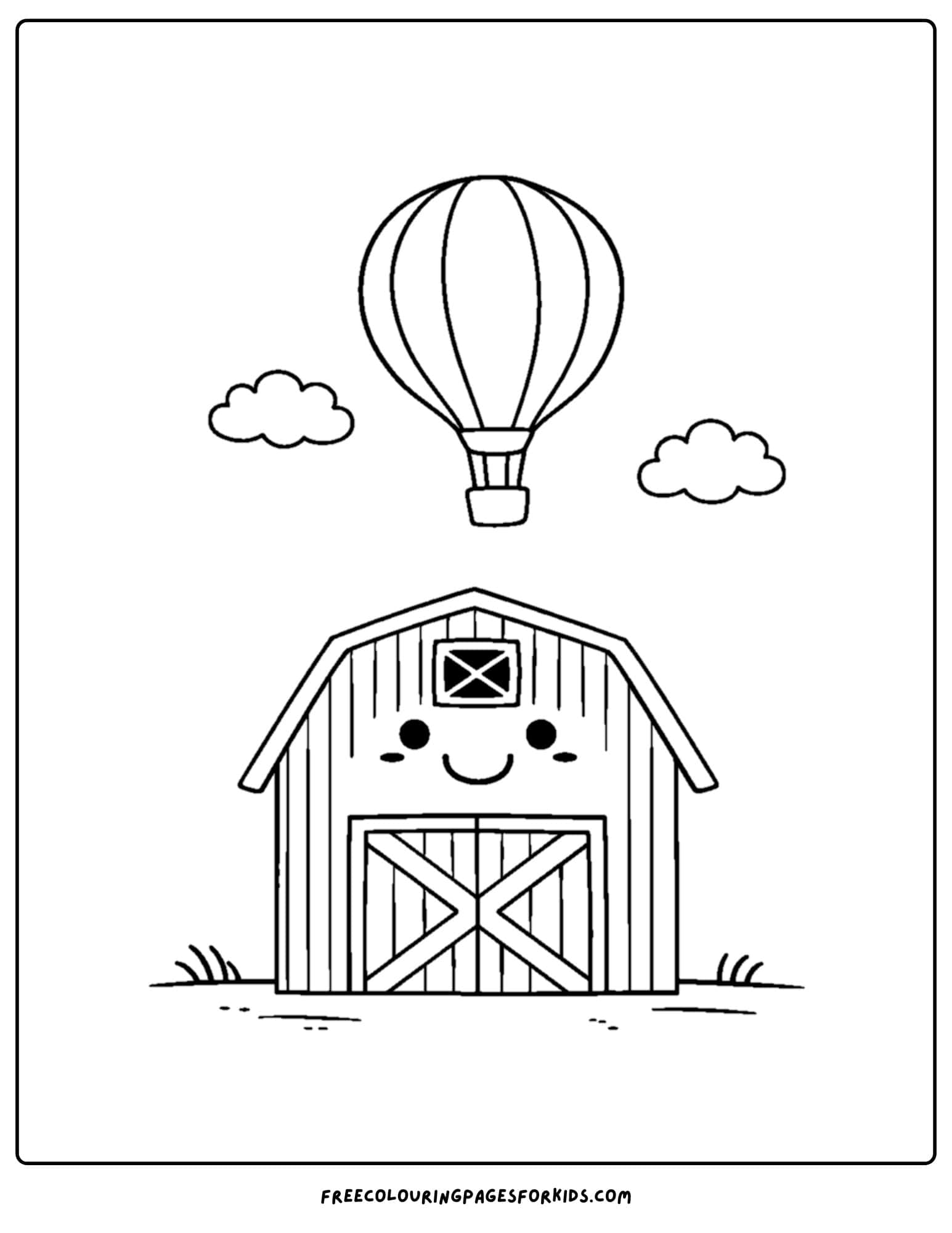 a barn coloring page of a barn with a hot air balloon overhead