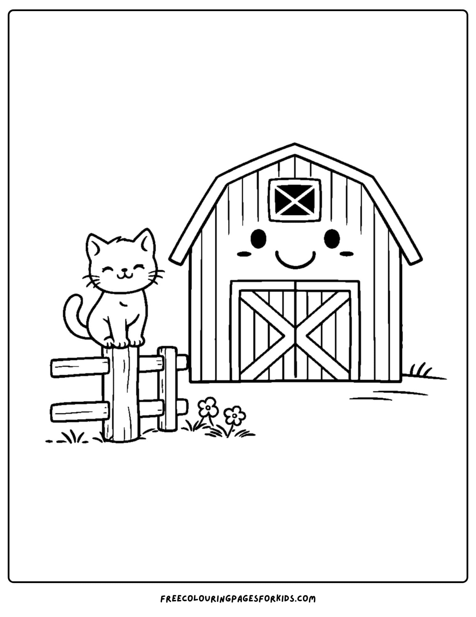 a barn coloring page of a barn with a cat sitting on a fence
