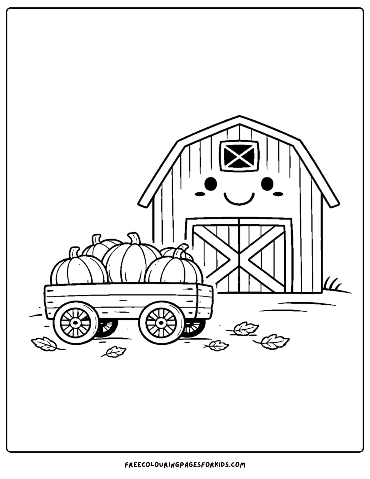 a barn coloring page of a barn with a pumpkin wagon