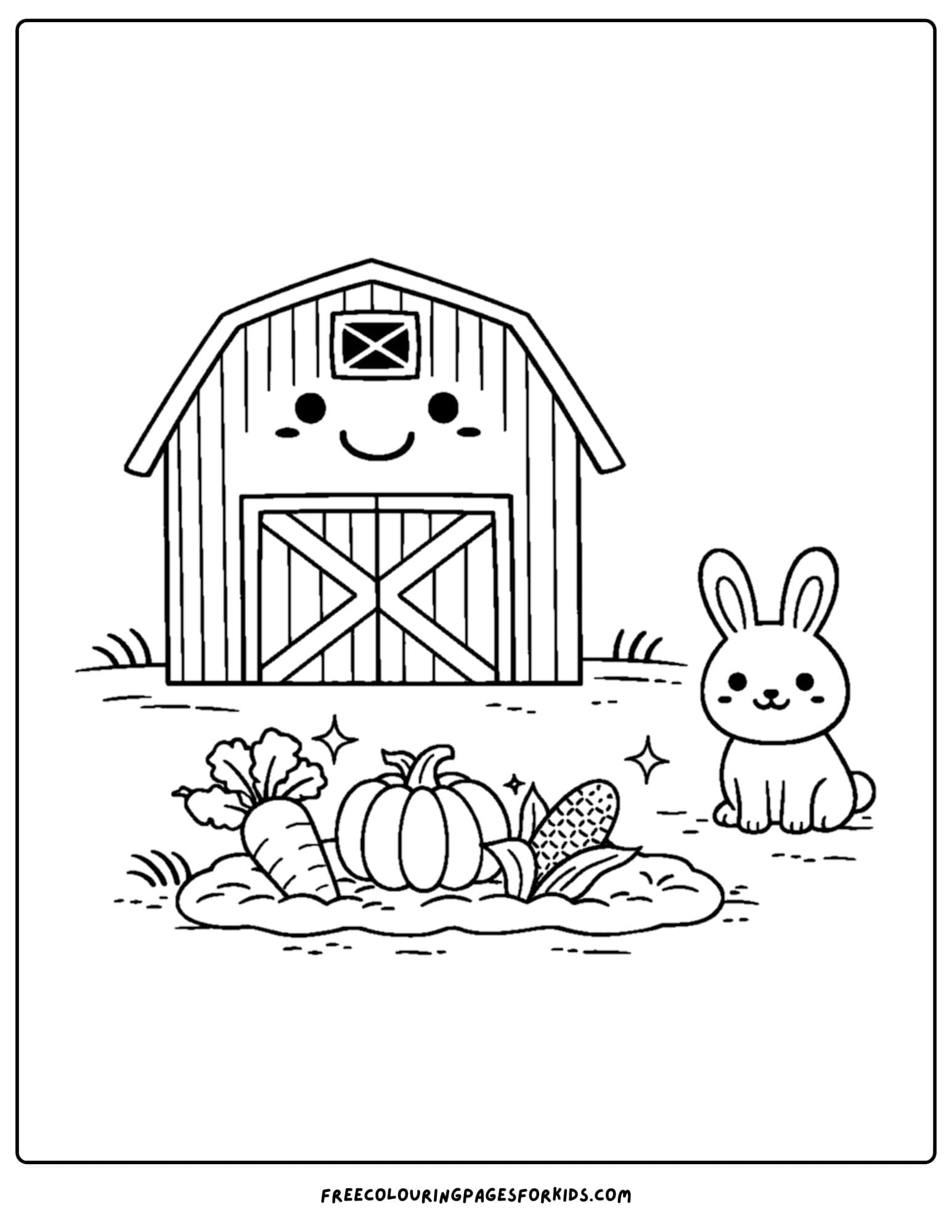 a barn coloring page of a barn with a bunny and vegetable patch