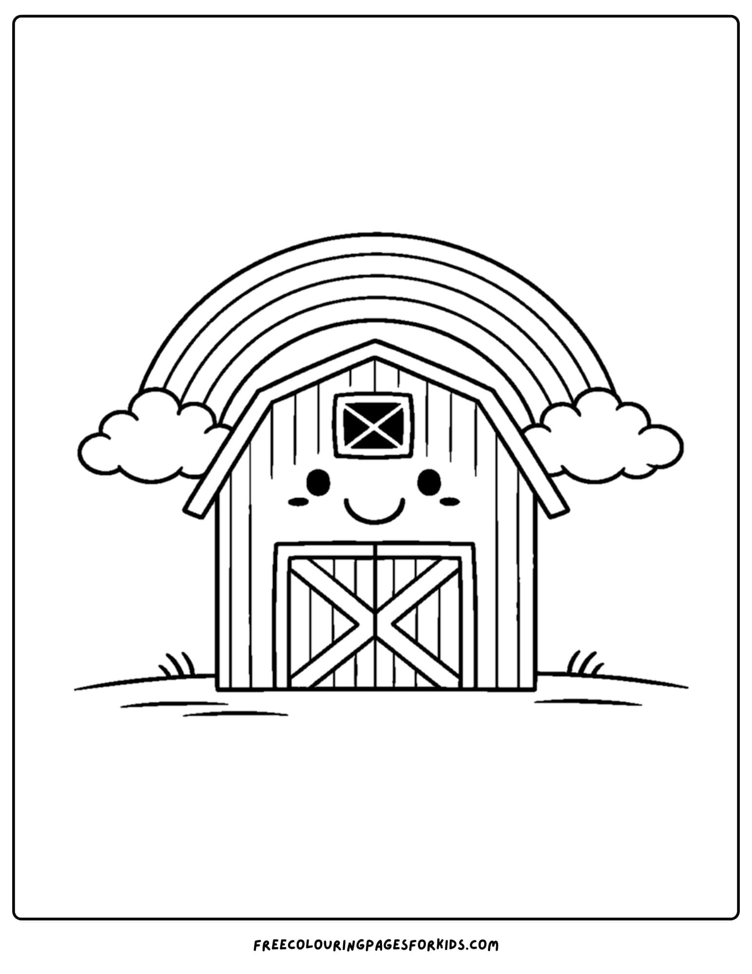 a barn coloring page of a barn with a rainbow overhead