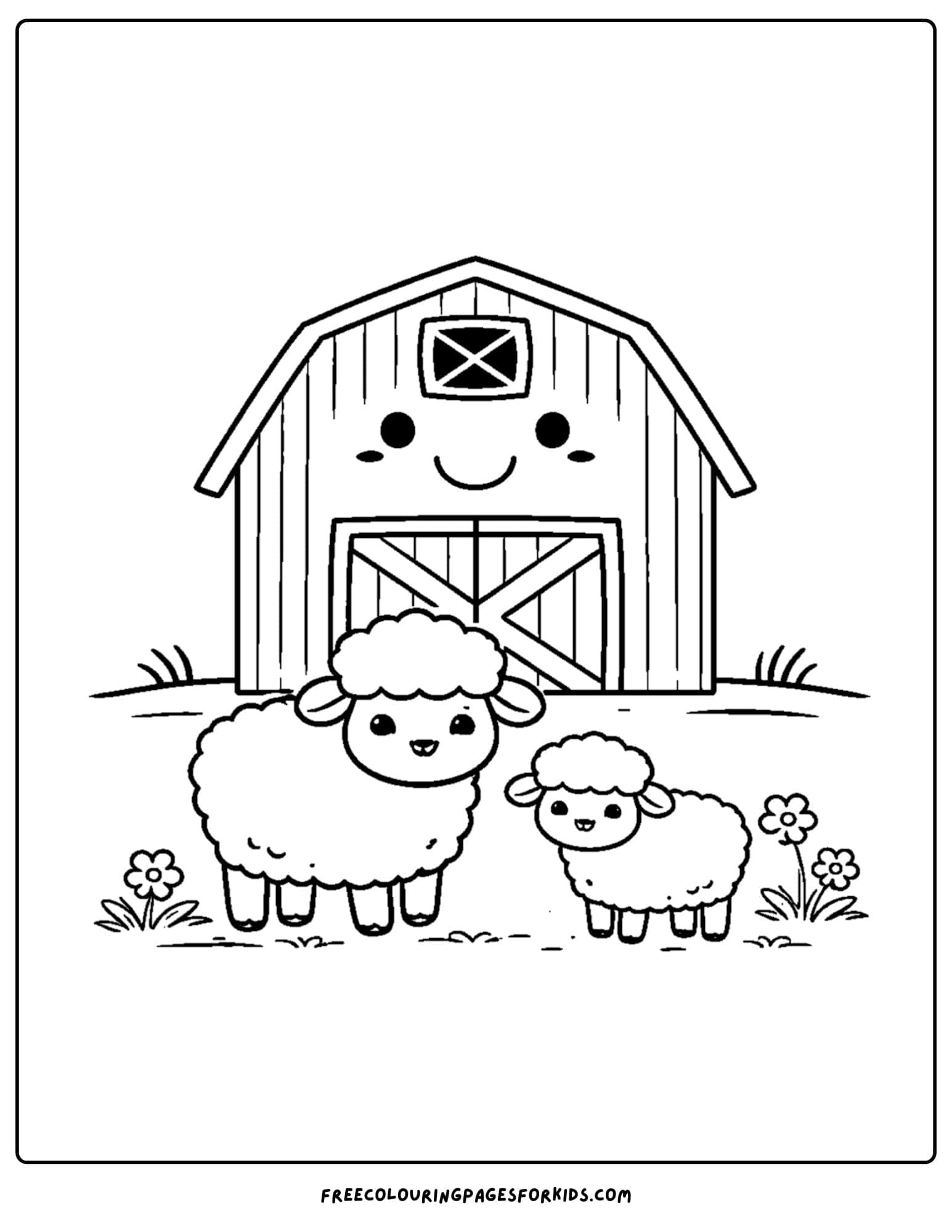 a barn coloring page of a barn with sheep standing in from of it