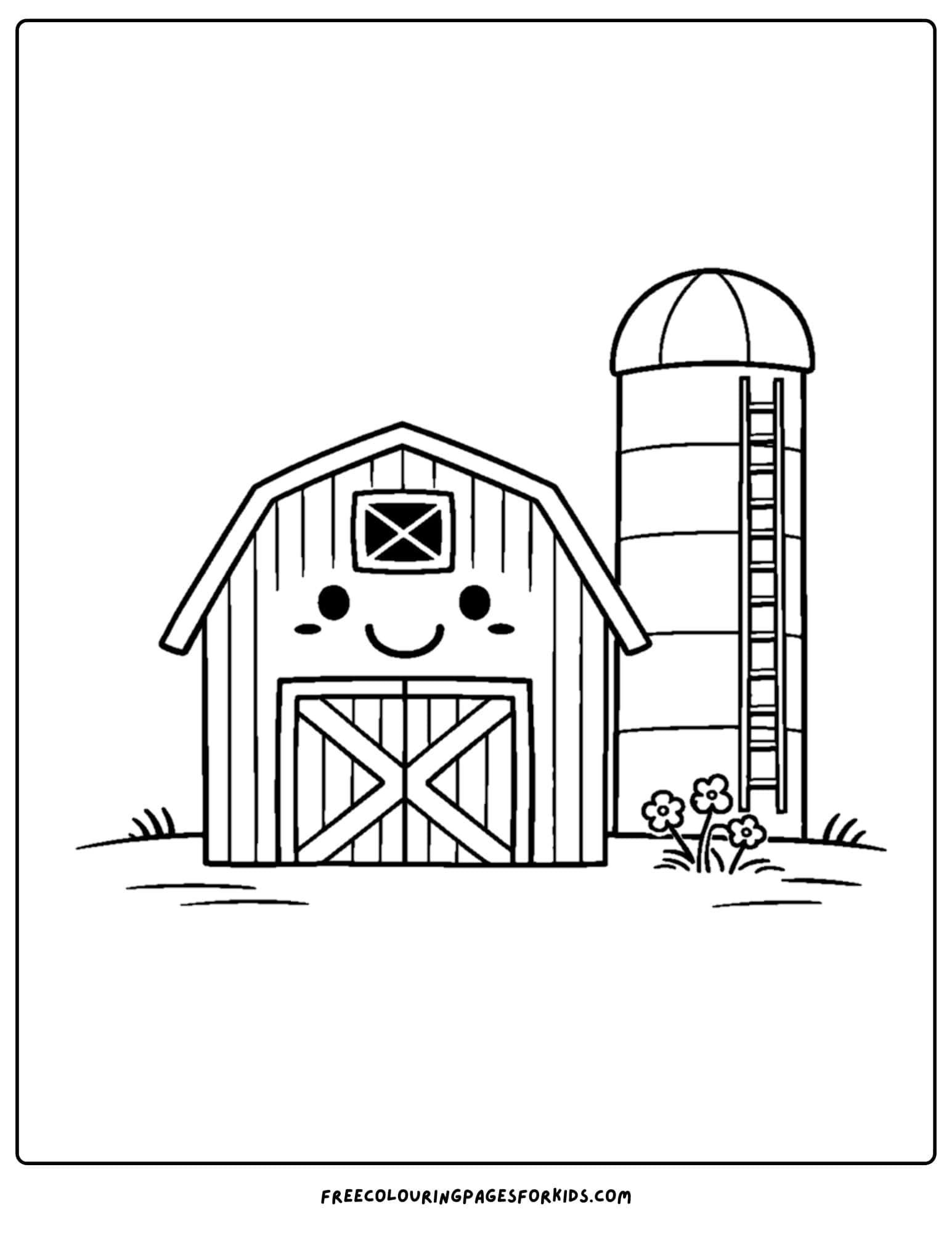 a barn coloring page of a barn with a silo next to it