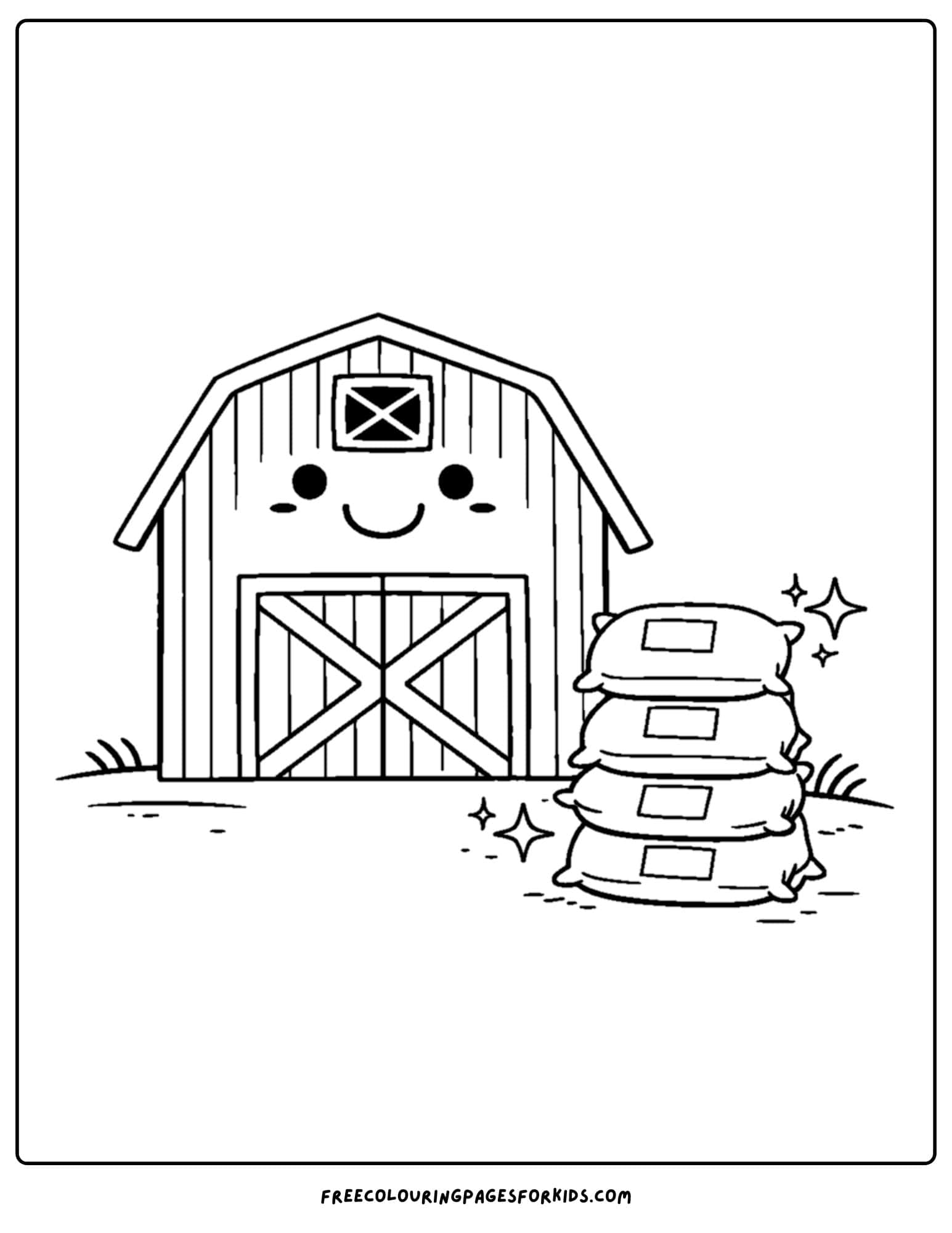a barn coloring page of a barn with bags of feed stacked up outside