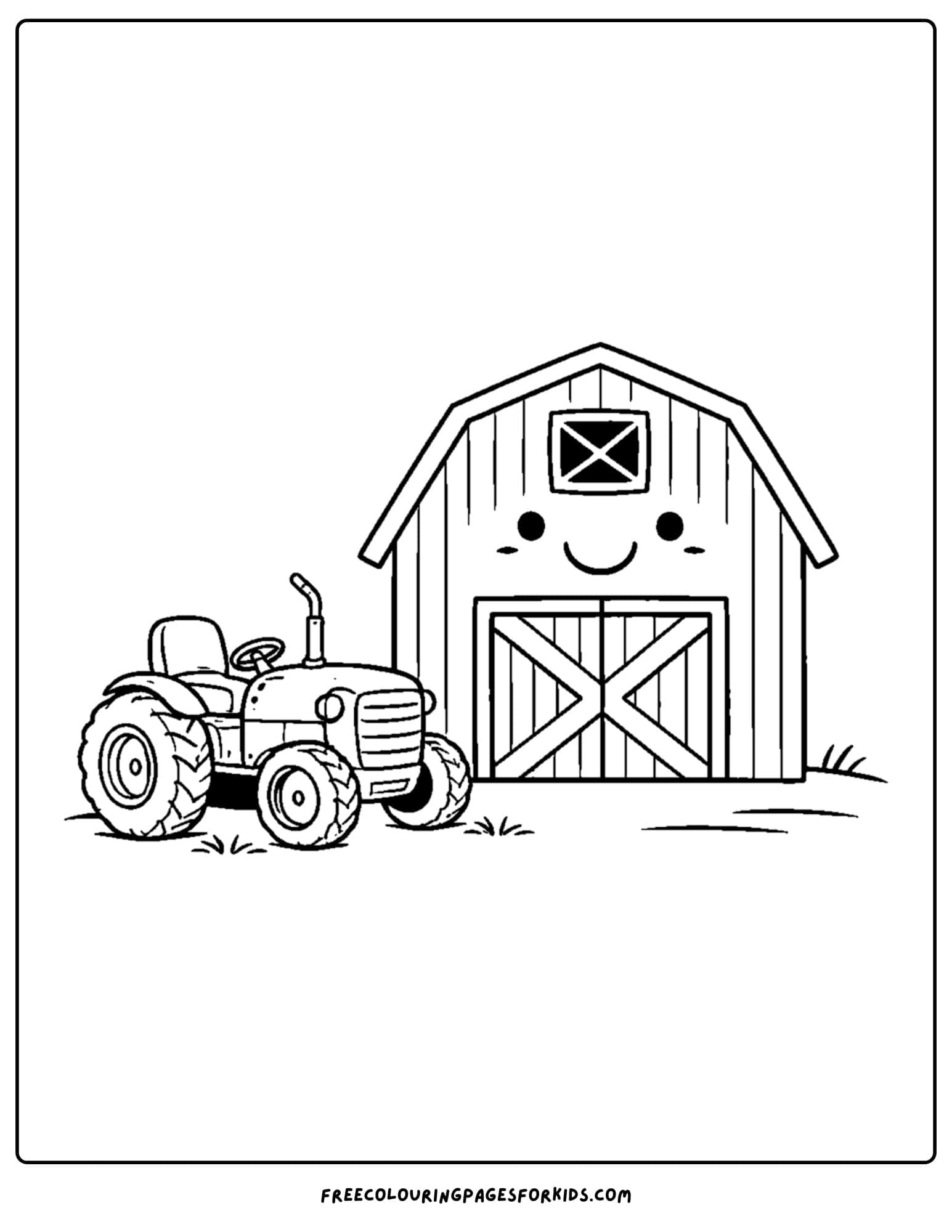 a barn coloring page of a barn with a tractor parked in front