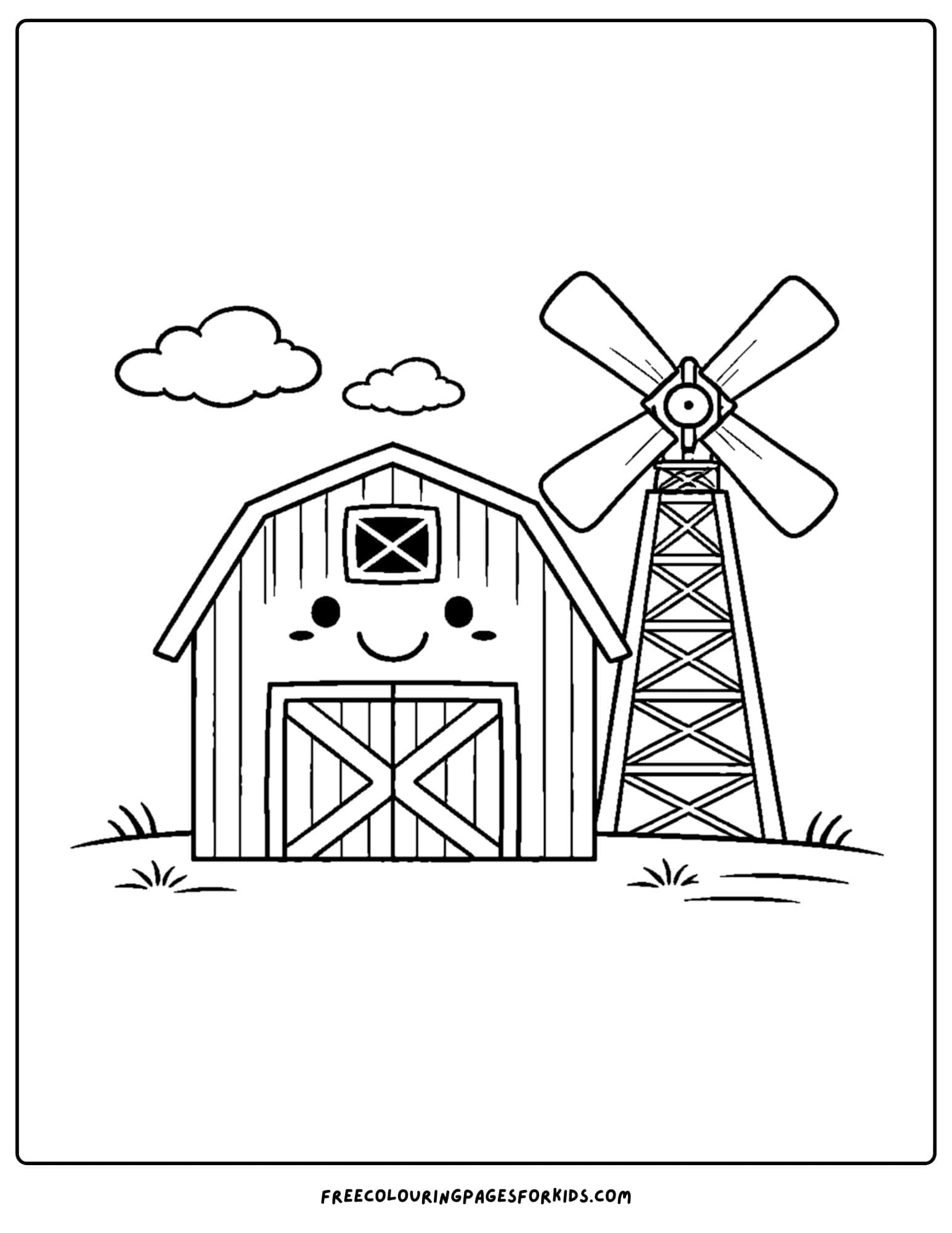 a barn coloring page of a barn and windmill next to it