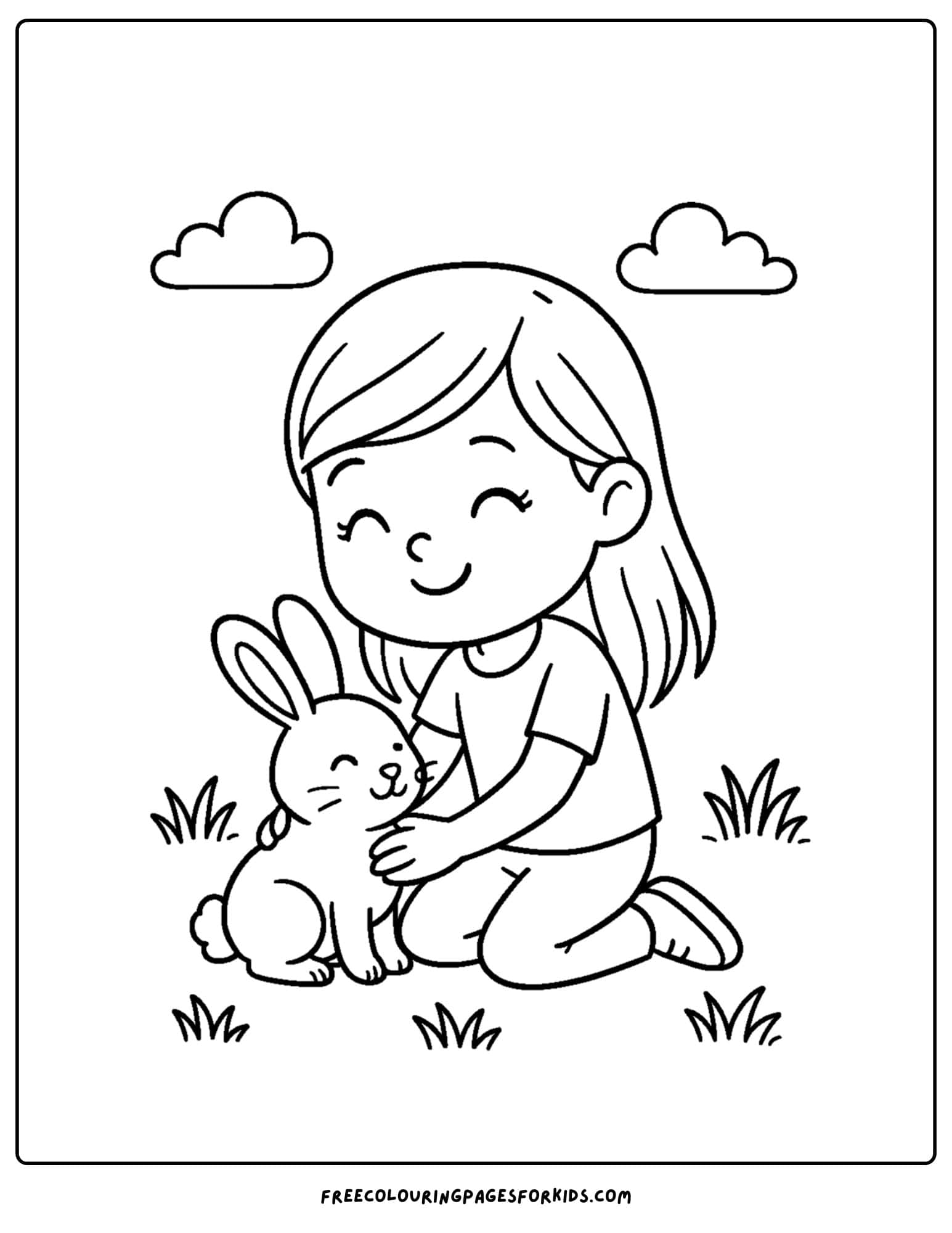 a bunny themed coloring page featuring a child petting a bunny carefully