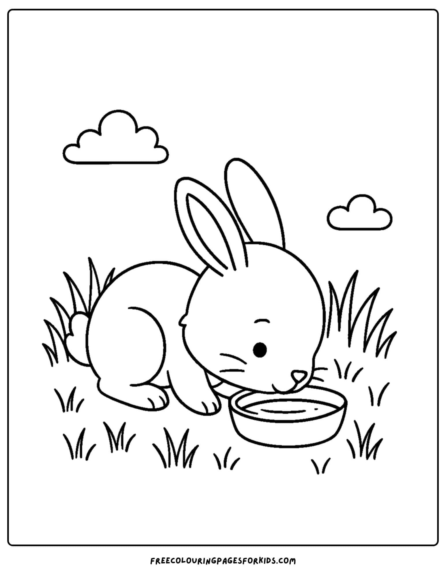 a bunny themed coloring page featuring a bunny drinking water from a bowl
