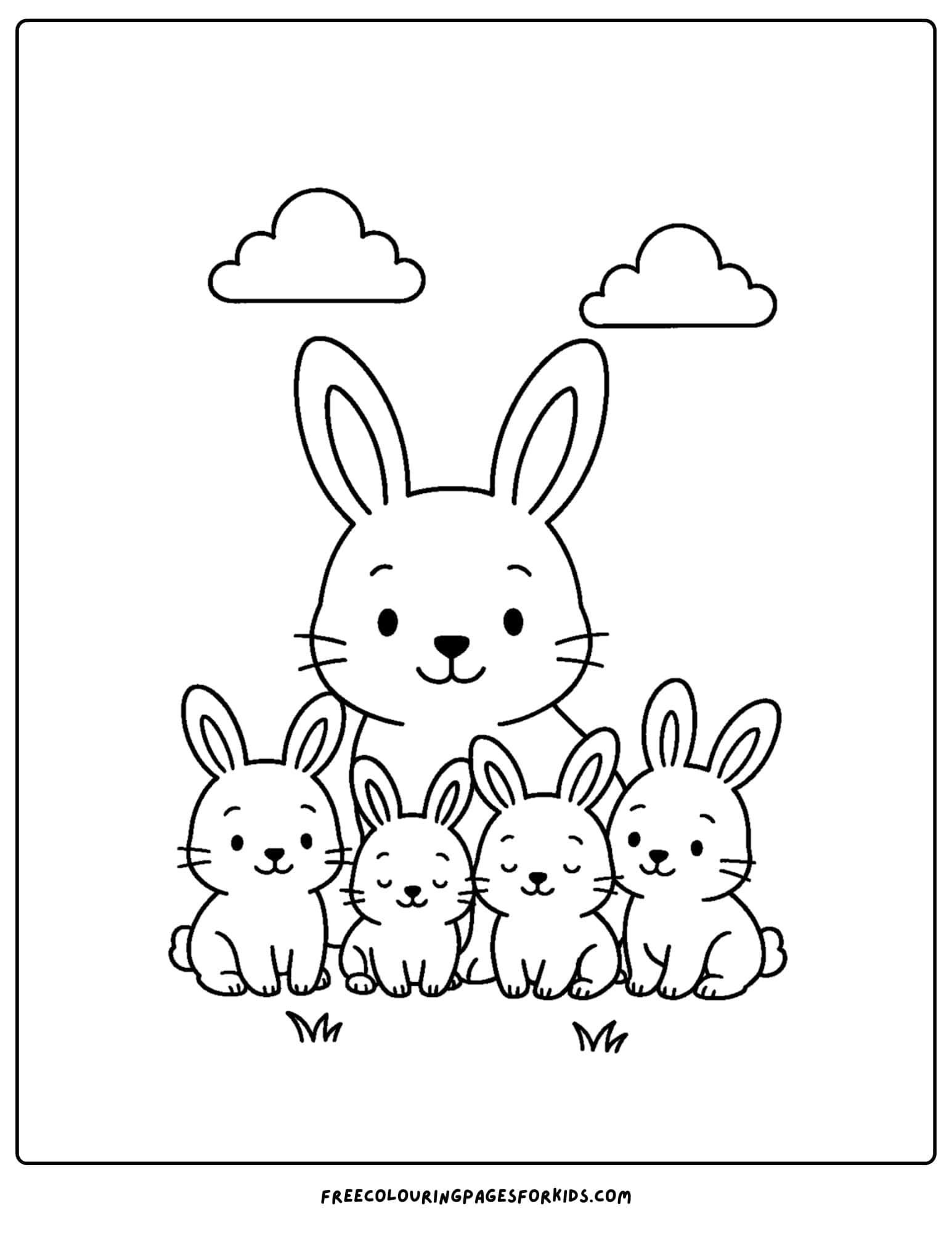 a bunny themed coloring page featuring a bunny with baby bunnies