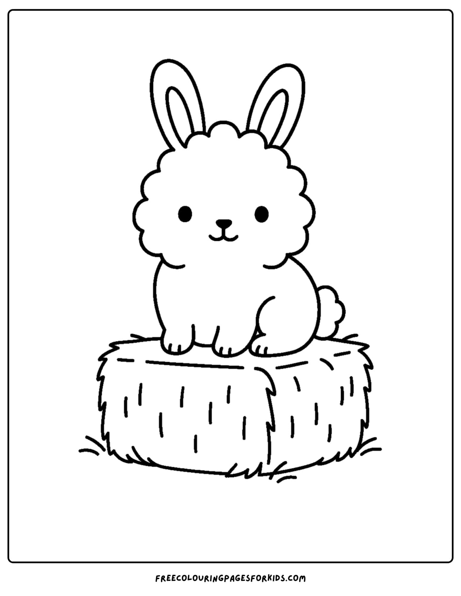 a bunny themed coloring page featuring a fluffy bunny sitting on a hay bale