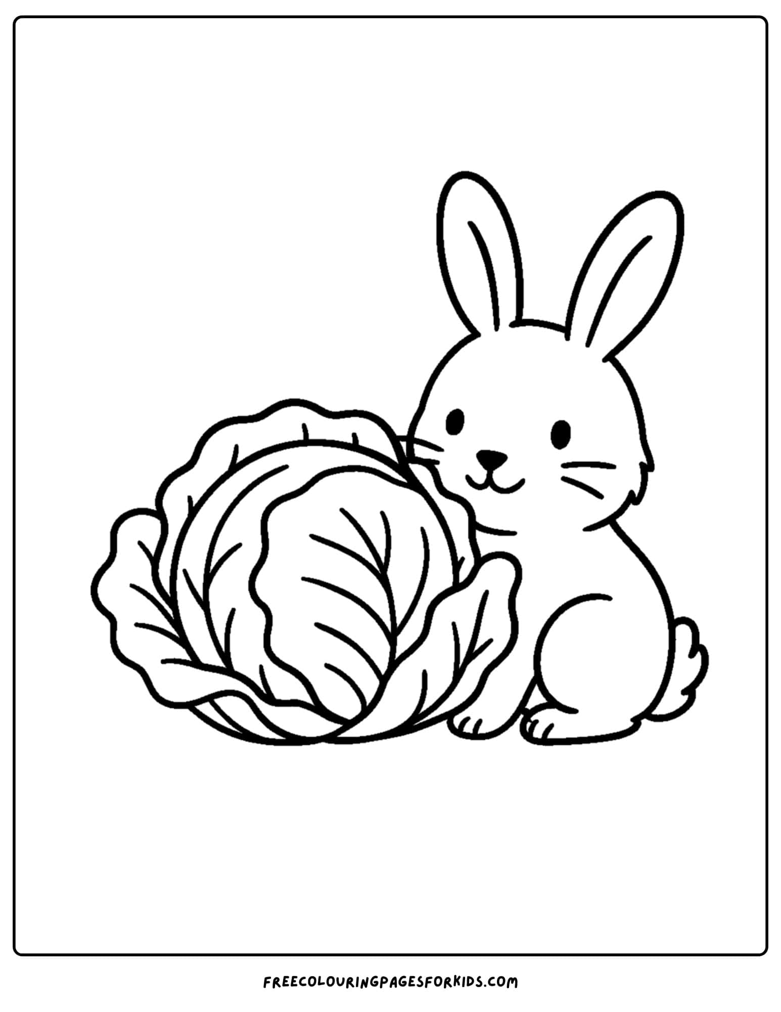 a bunny themed coloring page featuring a bunny hiding behind a cabbage