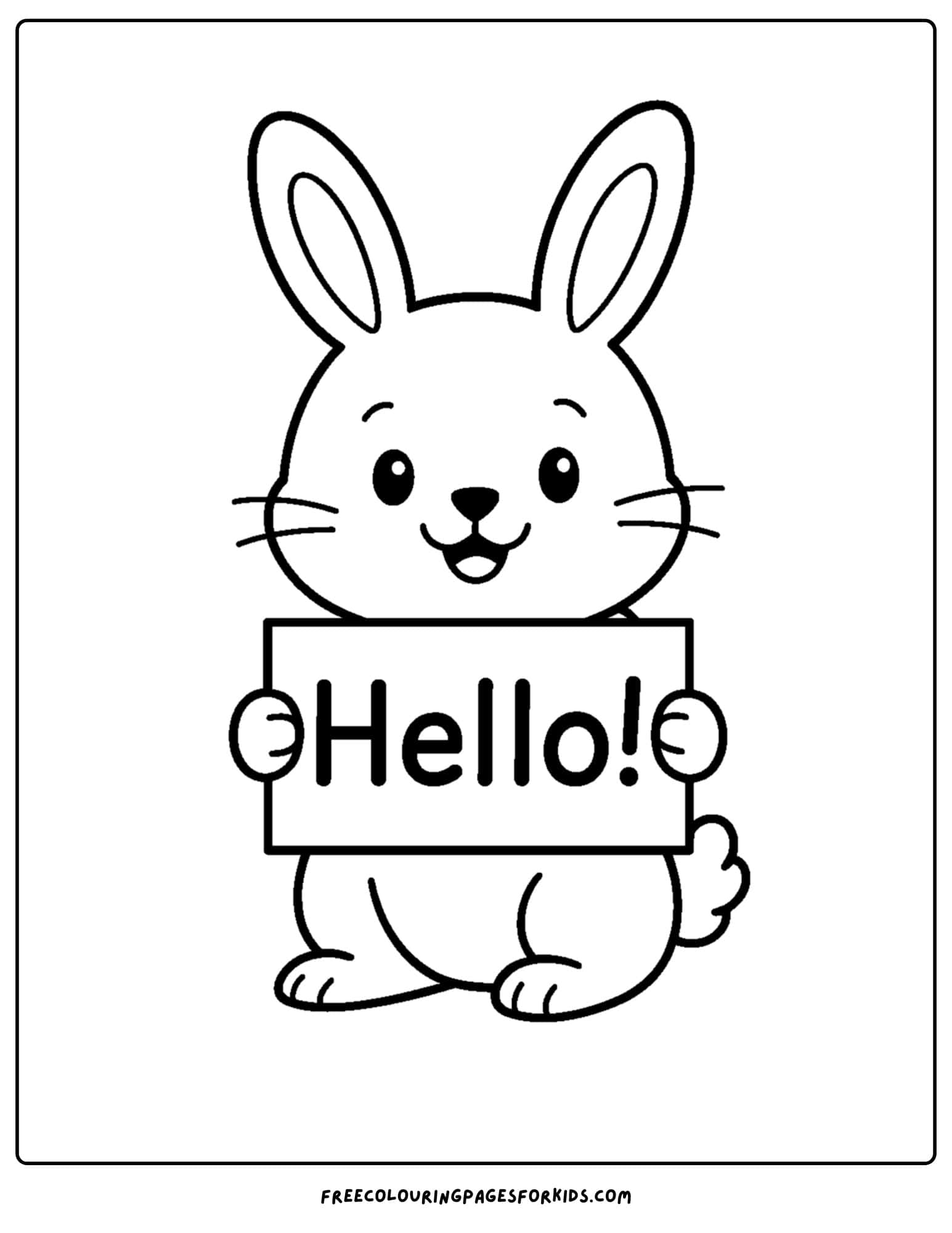 a bunny themed coloring page featuring a bunny holding up a sign that says hello