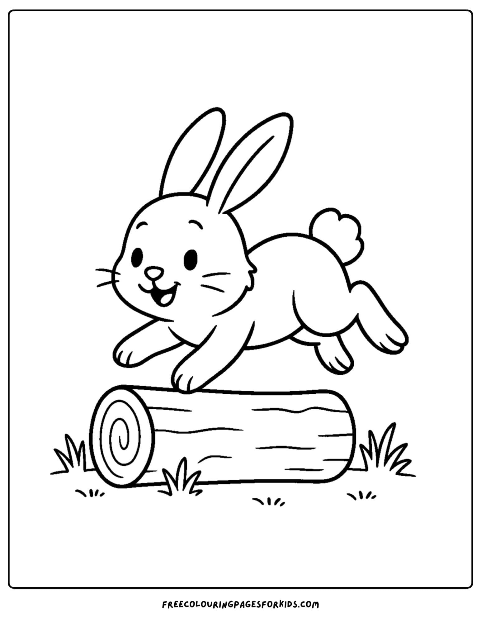 a bunny themed coloring page featuring a bunny hopping over a log