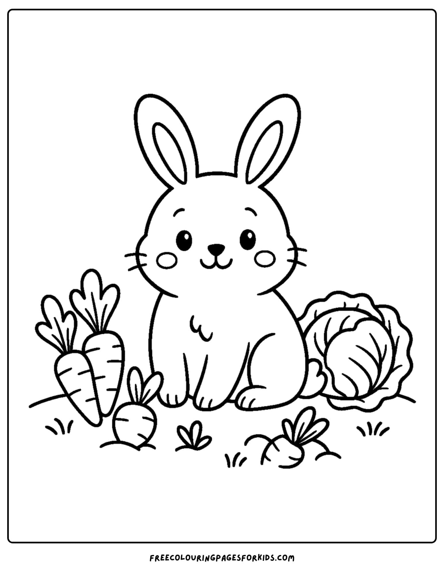 a bunny themed coloring page featuring a rabbit in a vegetable garden