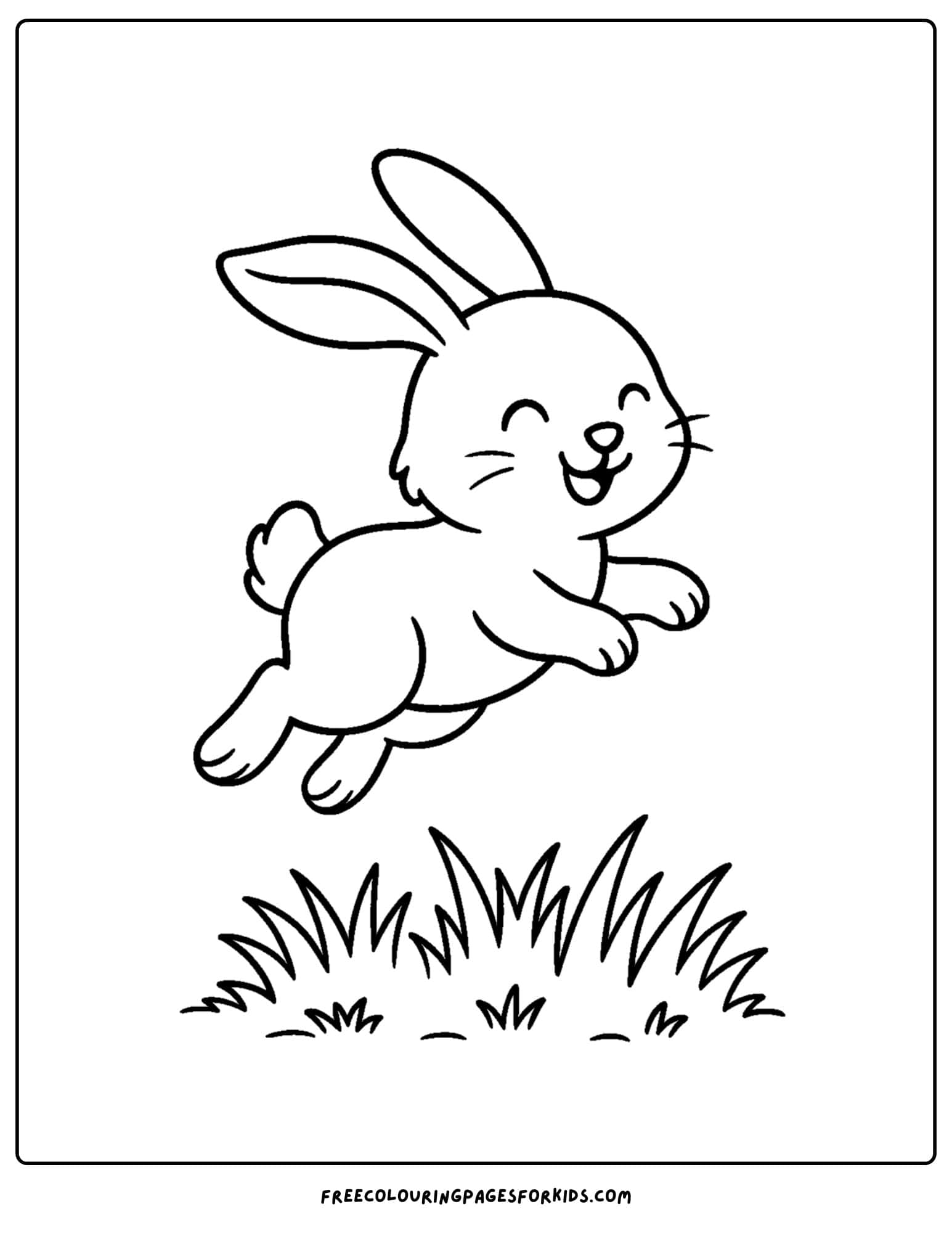 a bunny themed coloring page featuring a bunny hopping in a meadow of grass