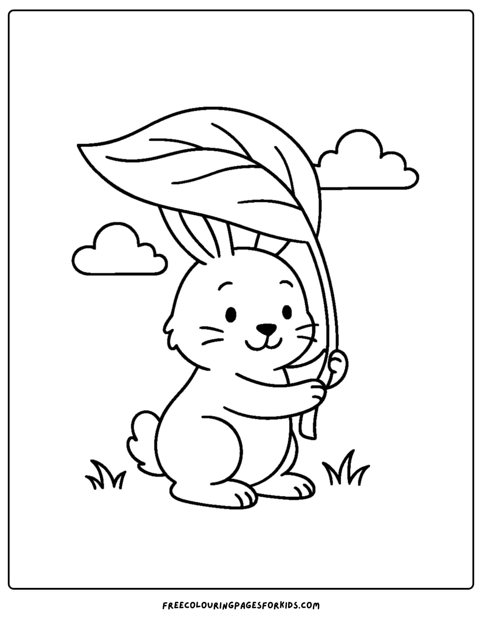 a bunny themed coloring page featuring a bunny using a leaf as an umbrella