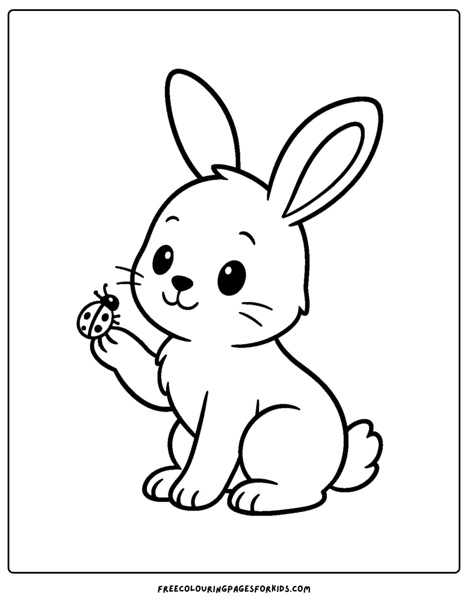 a bunny themed coloring page featuring a bunny looking at a ladybug
