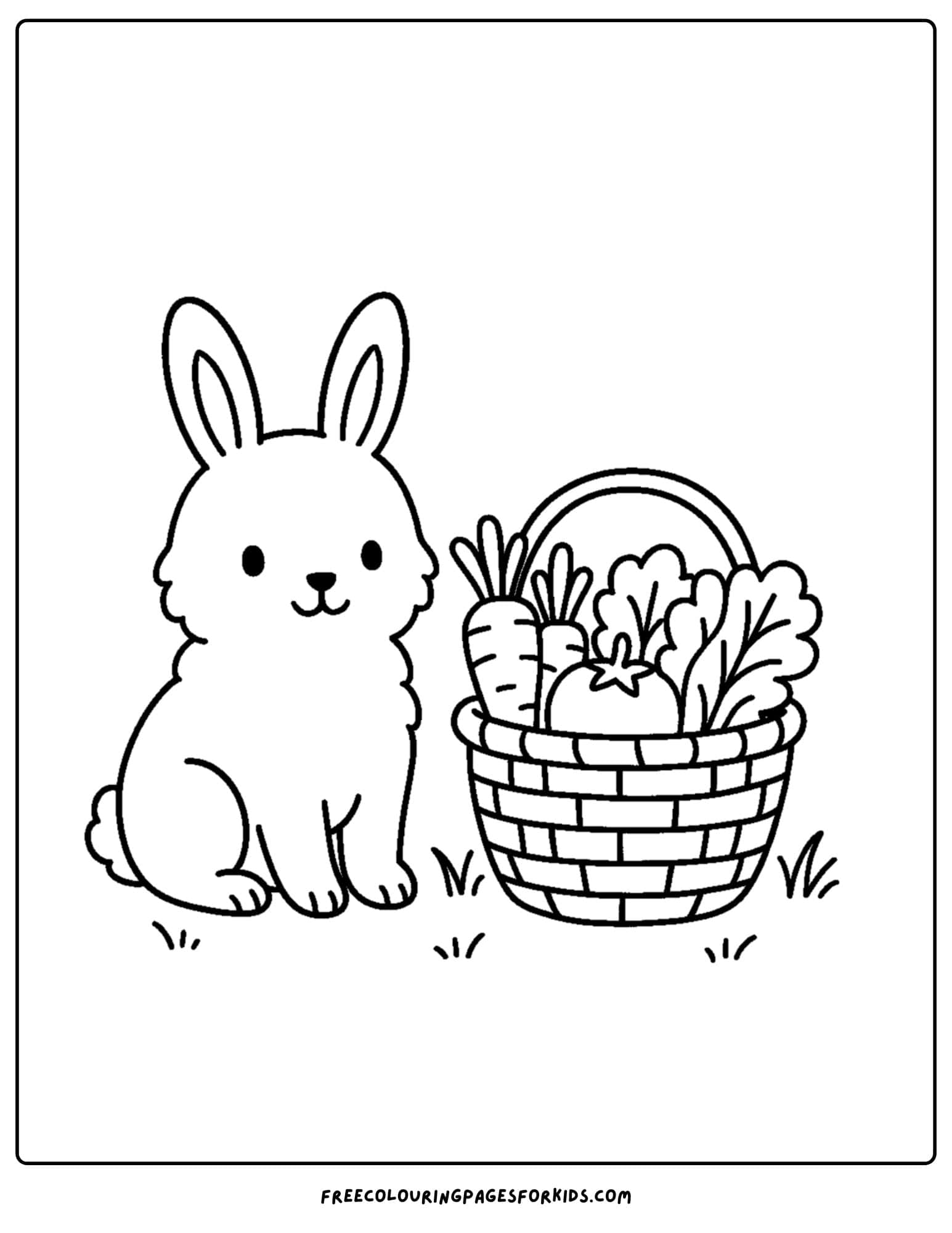 a bunny themed coloring page featuring a bunny sitting next to a basket of vegetables