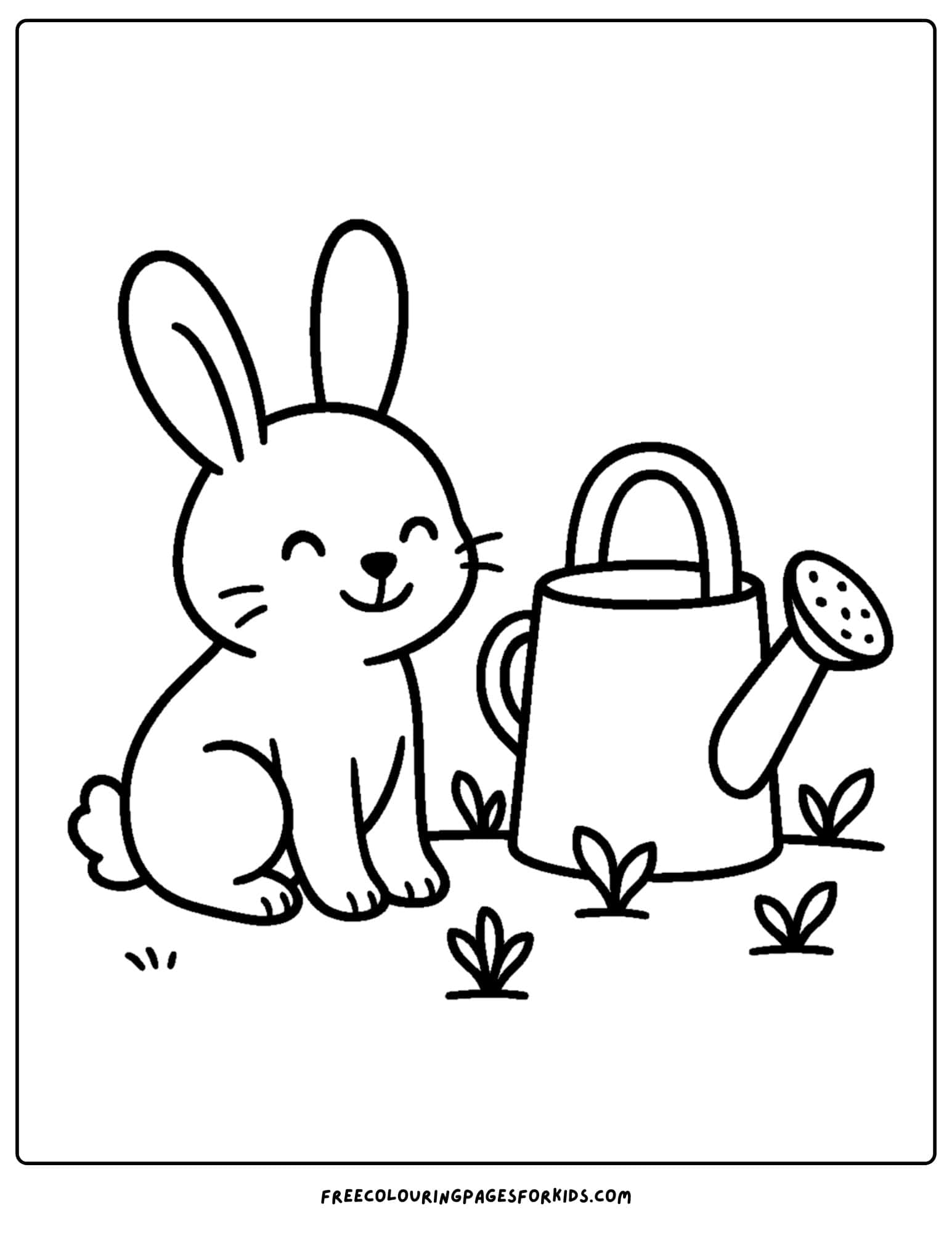 a bunny themed coloring page featuring a bunny next to a watering can