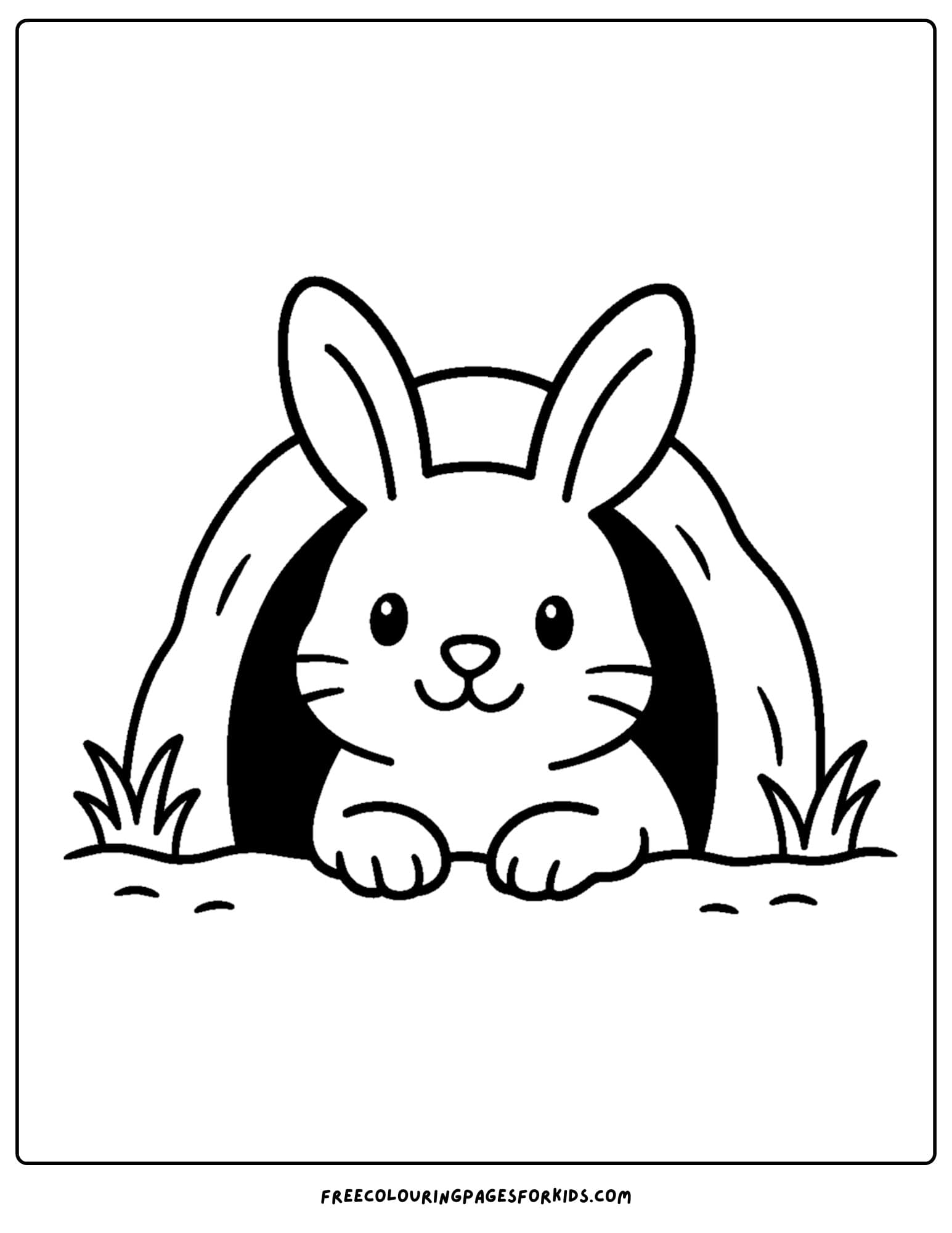 a bunny themed coloring page featuring a bunny peeking from a burrow