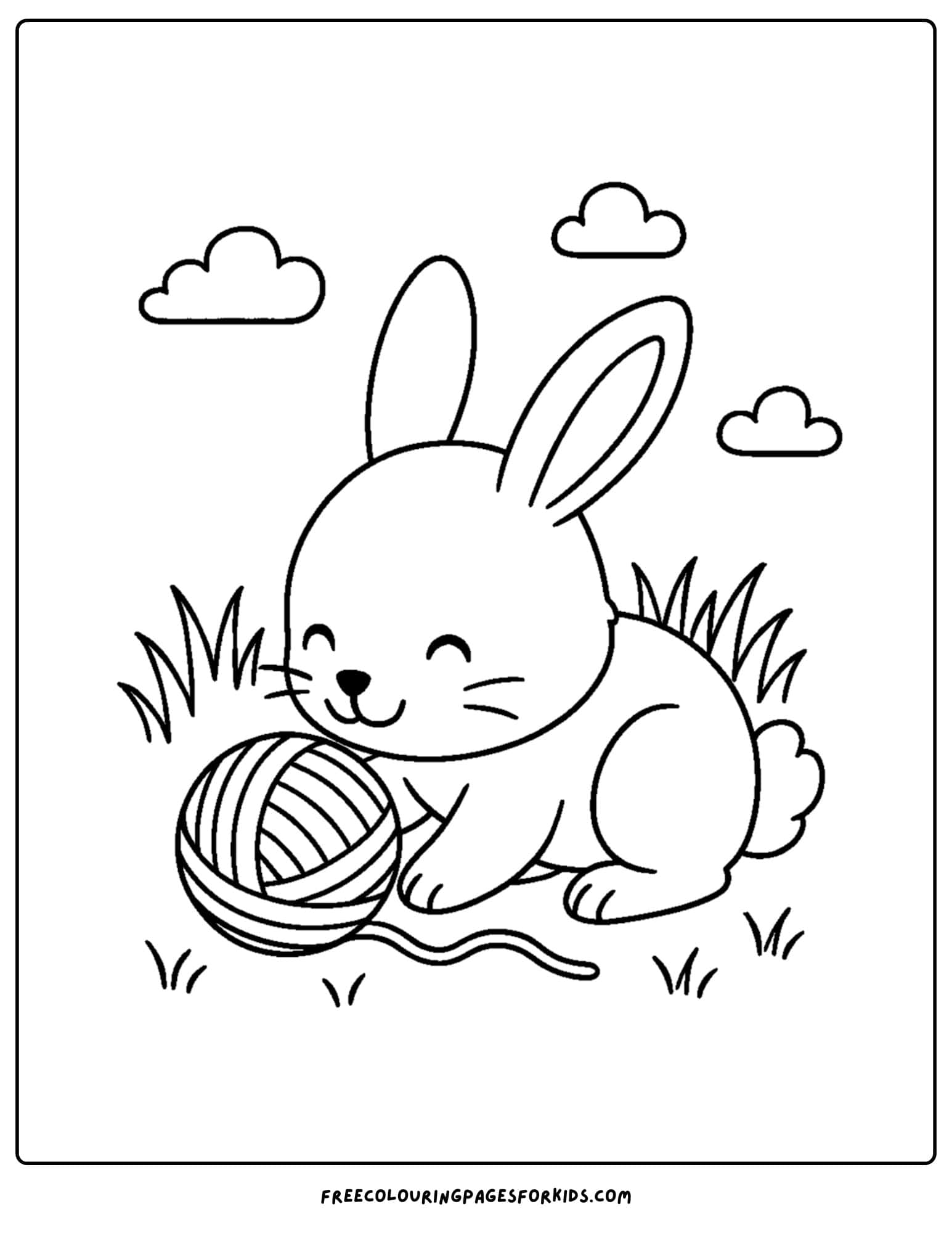 a bunny themed coloring page featuring a bunny playing with a ball or yarn