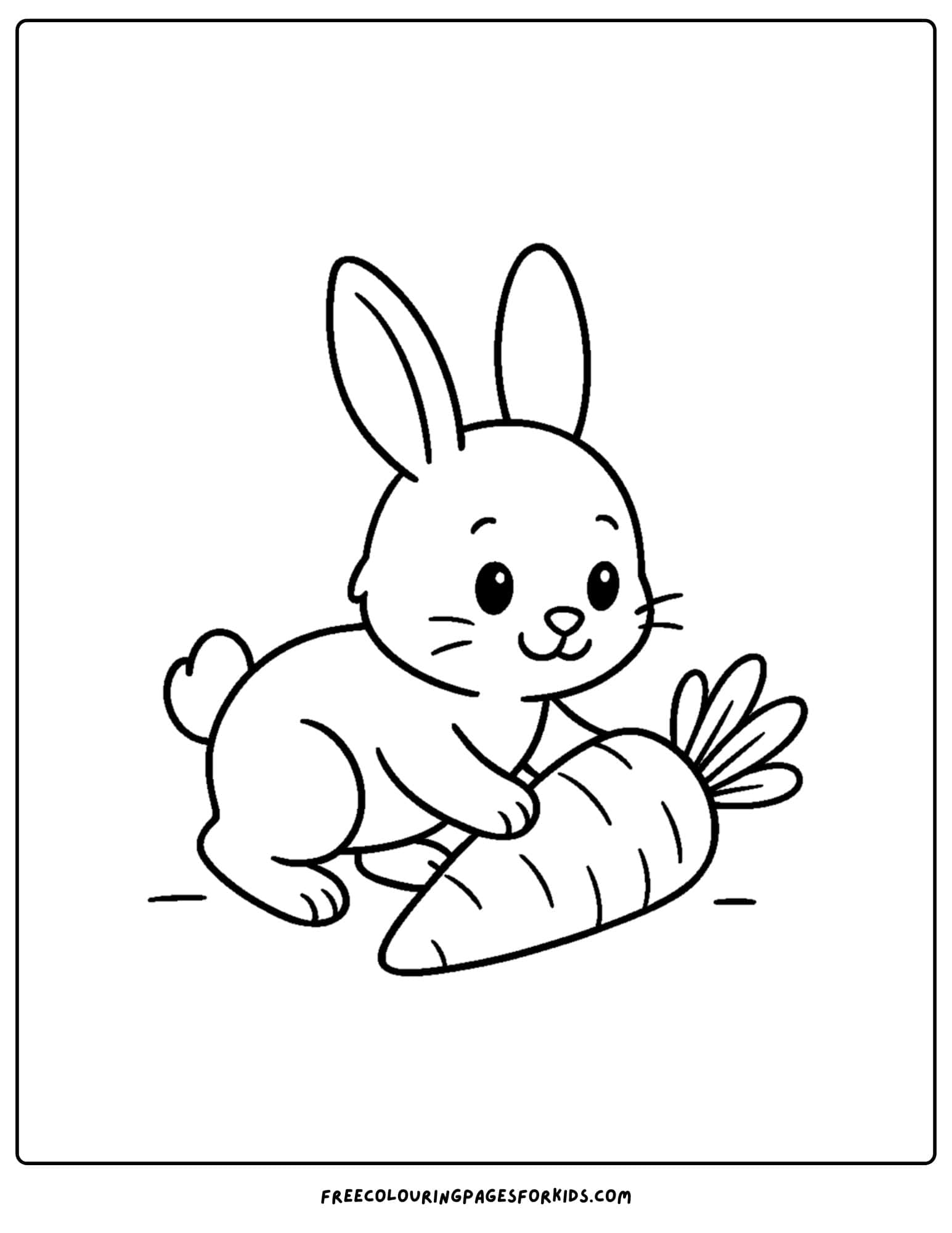 a bunny themed coloring page featuring a bunny rolling a carrot along the ground