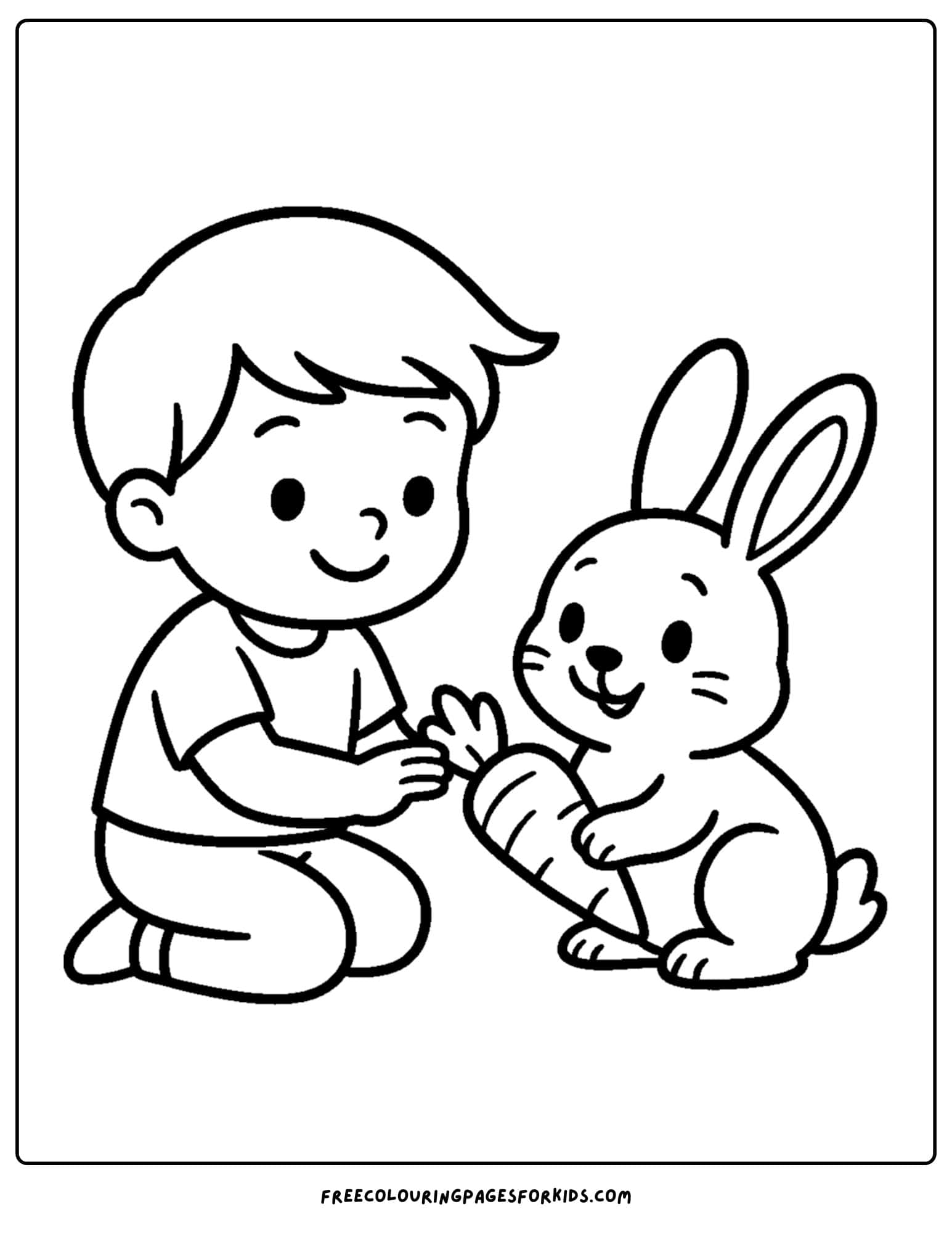 a bunny themed coloring page featuring a bunny sharing a carrot with a child