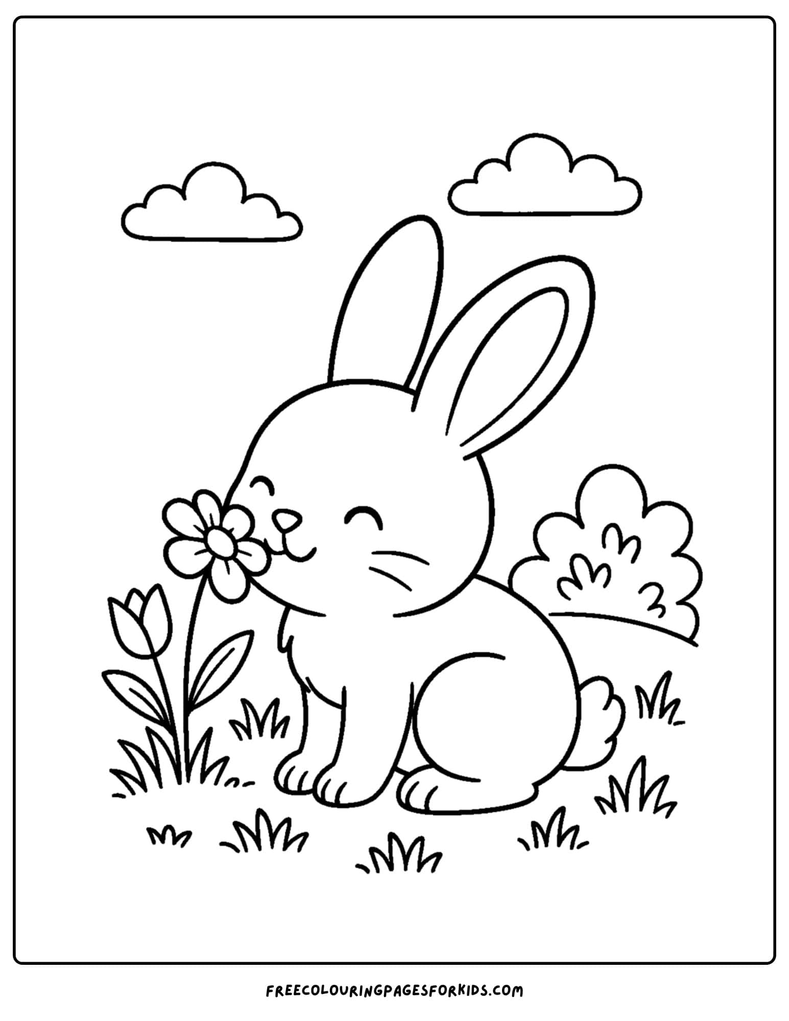 a bunny themed coloring page featuring a bunny smelling flowers