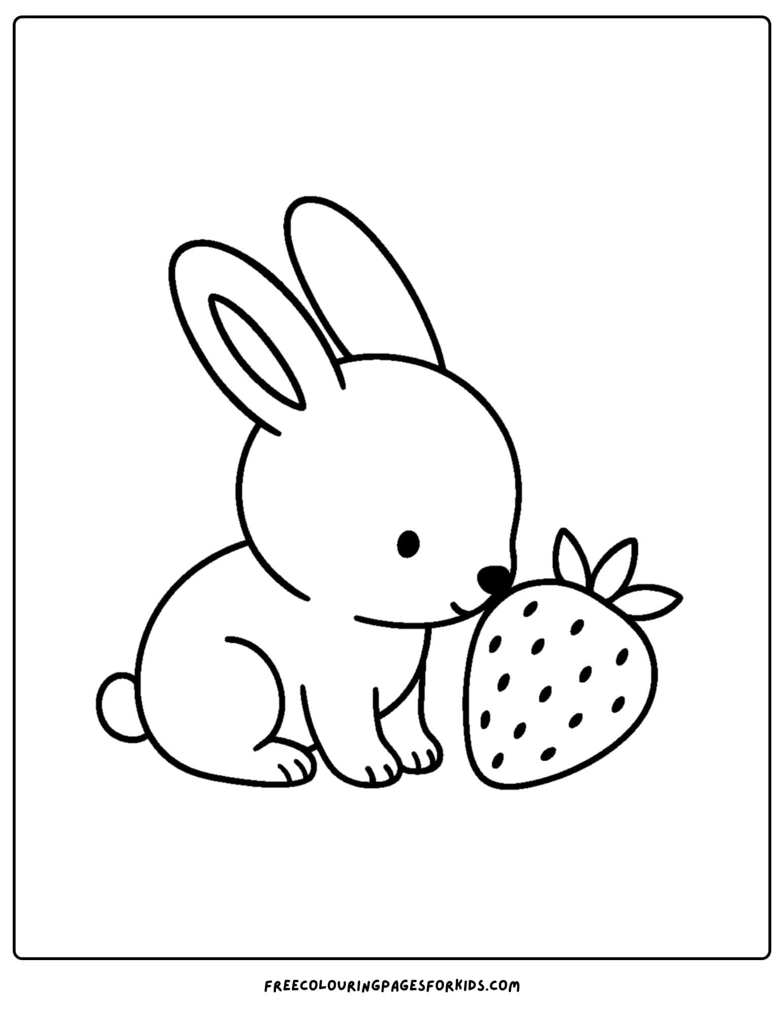a bunny themed coloring page featuring a bunny sniffing a strawberry
