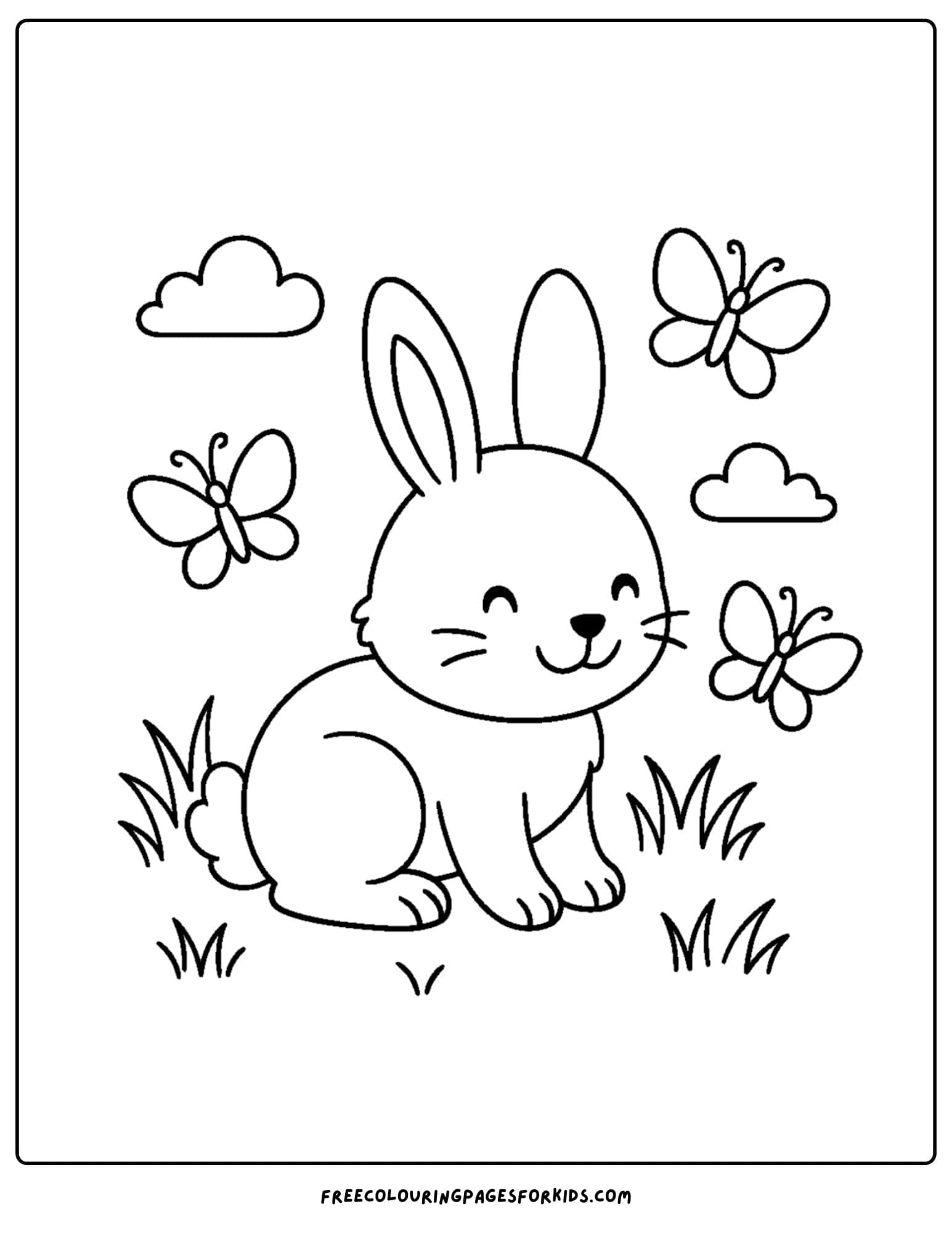 a bunny themed coloring page featuring a bunny surrounded by butterflies