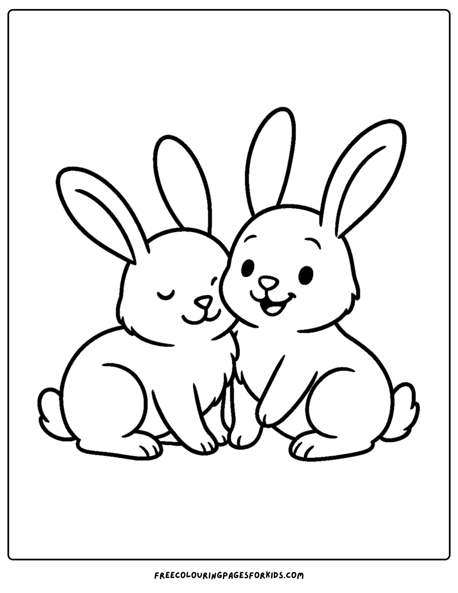 a bunny themed coloring page featuring two bunnies cuddled together