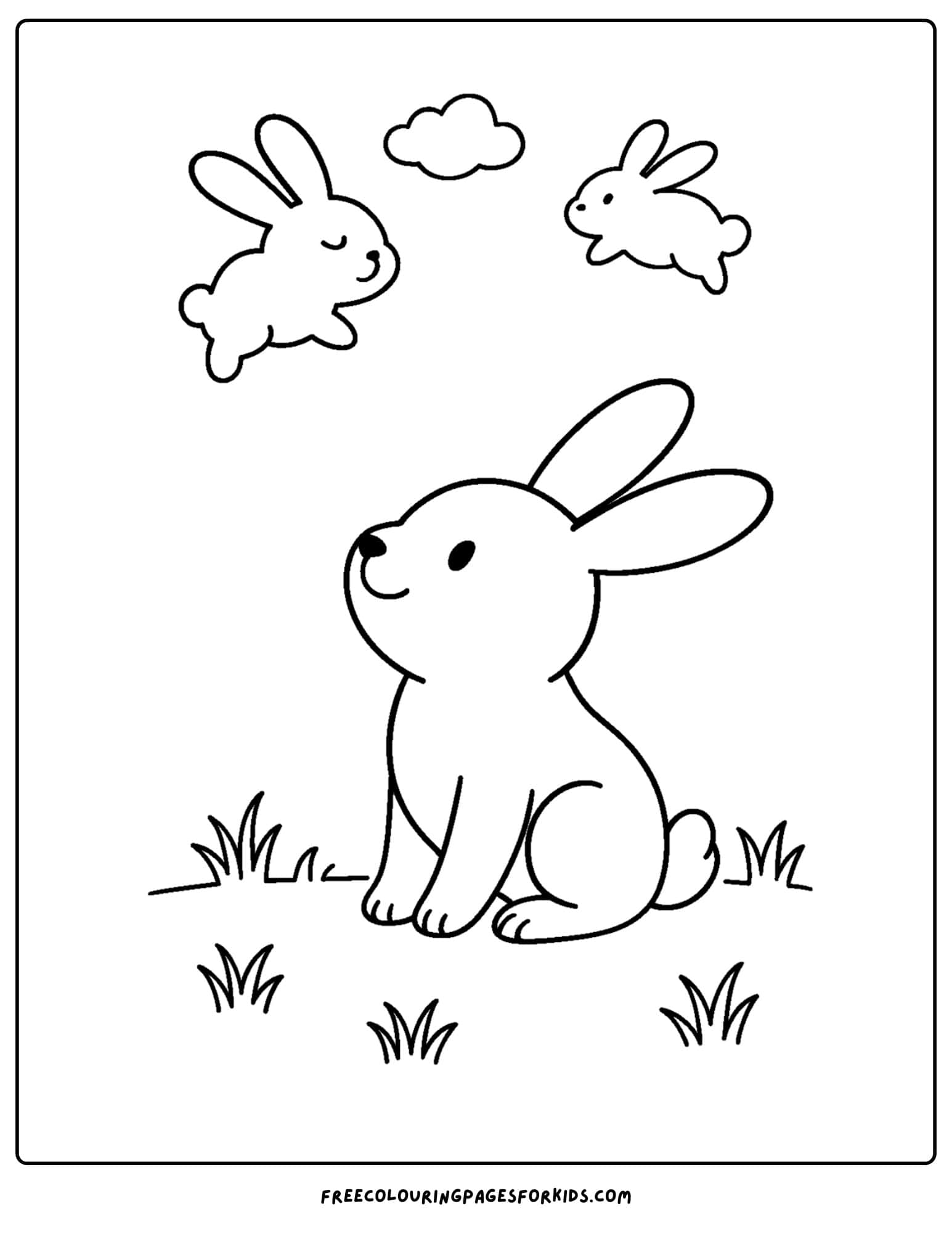 a bunny themed coloring page featuring a rabbit looking up at bunny shaped clouds
