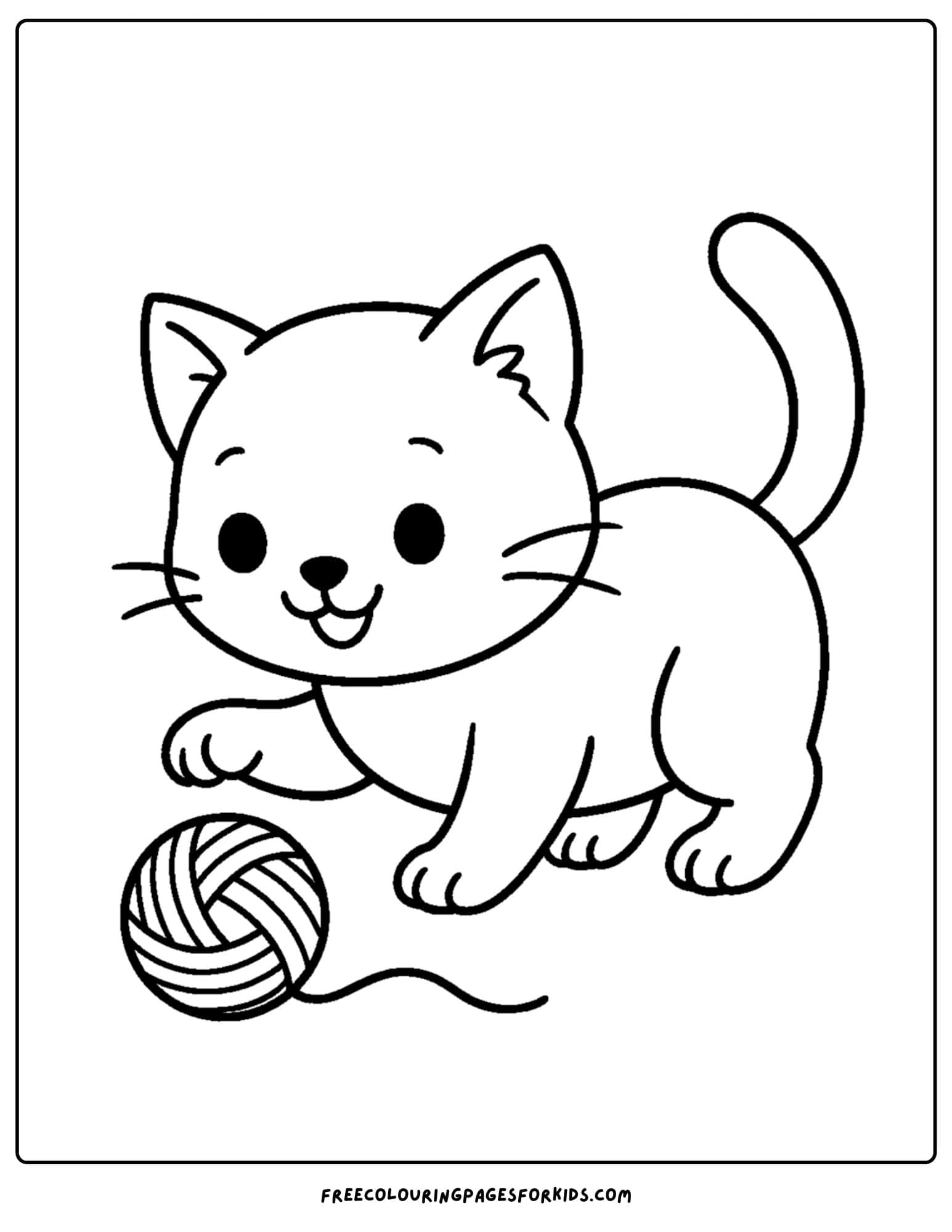 a cat themed coloring page featuring a cat playing with a ball of string
