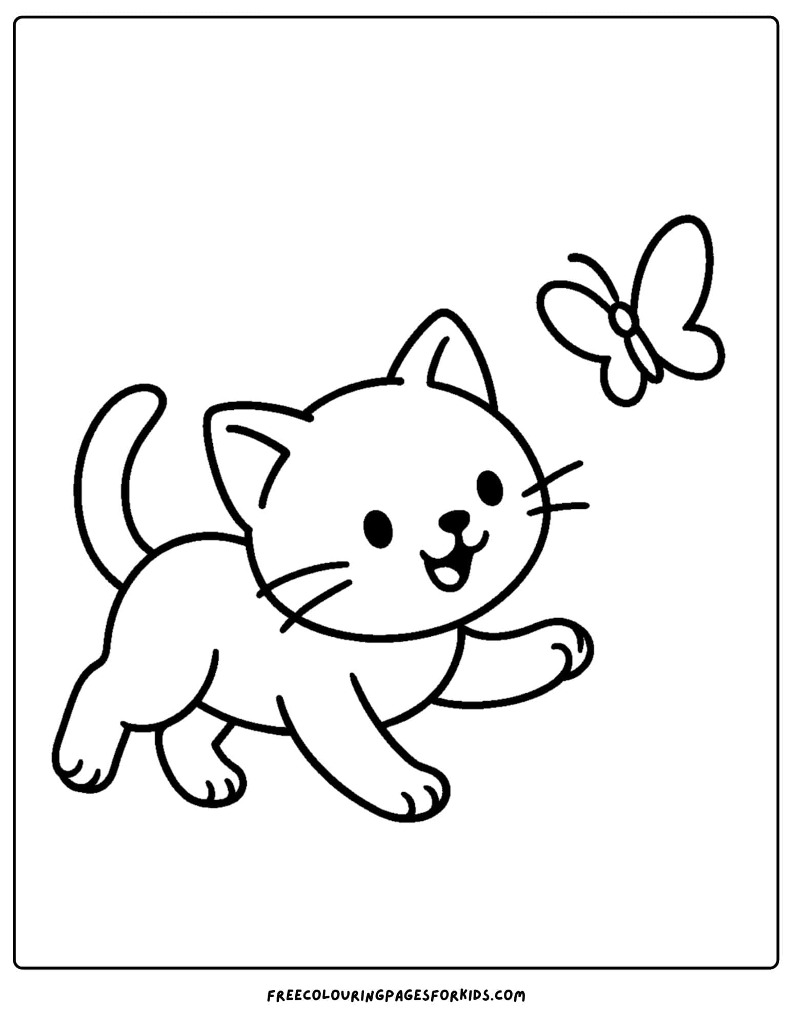 a cat themed coloring page featuring a cat chasing a butterfly