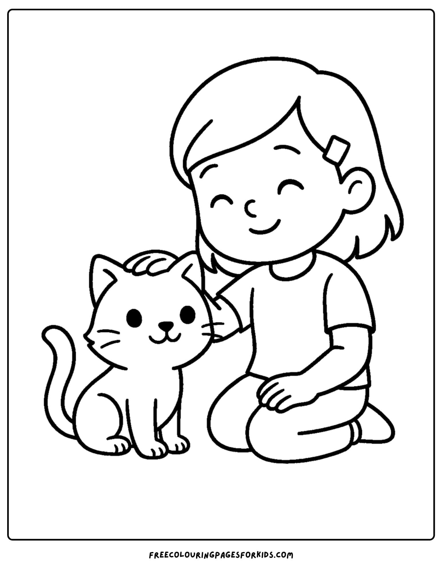 a cat themed coloring page featuring a cat being petted by a child