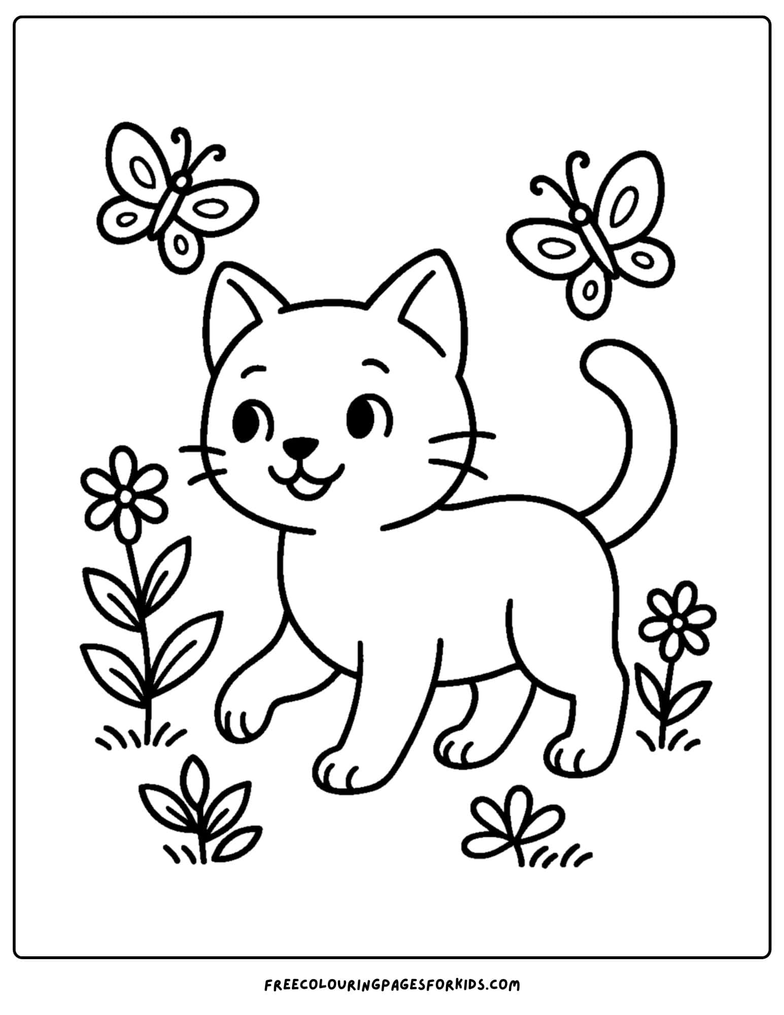 a cat themed coloring page featuring a cat in a garden with butterflies around