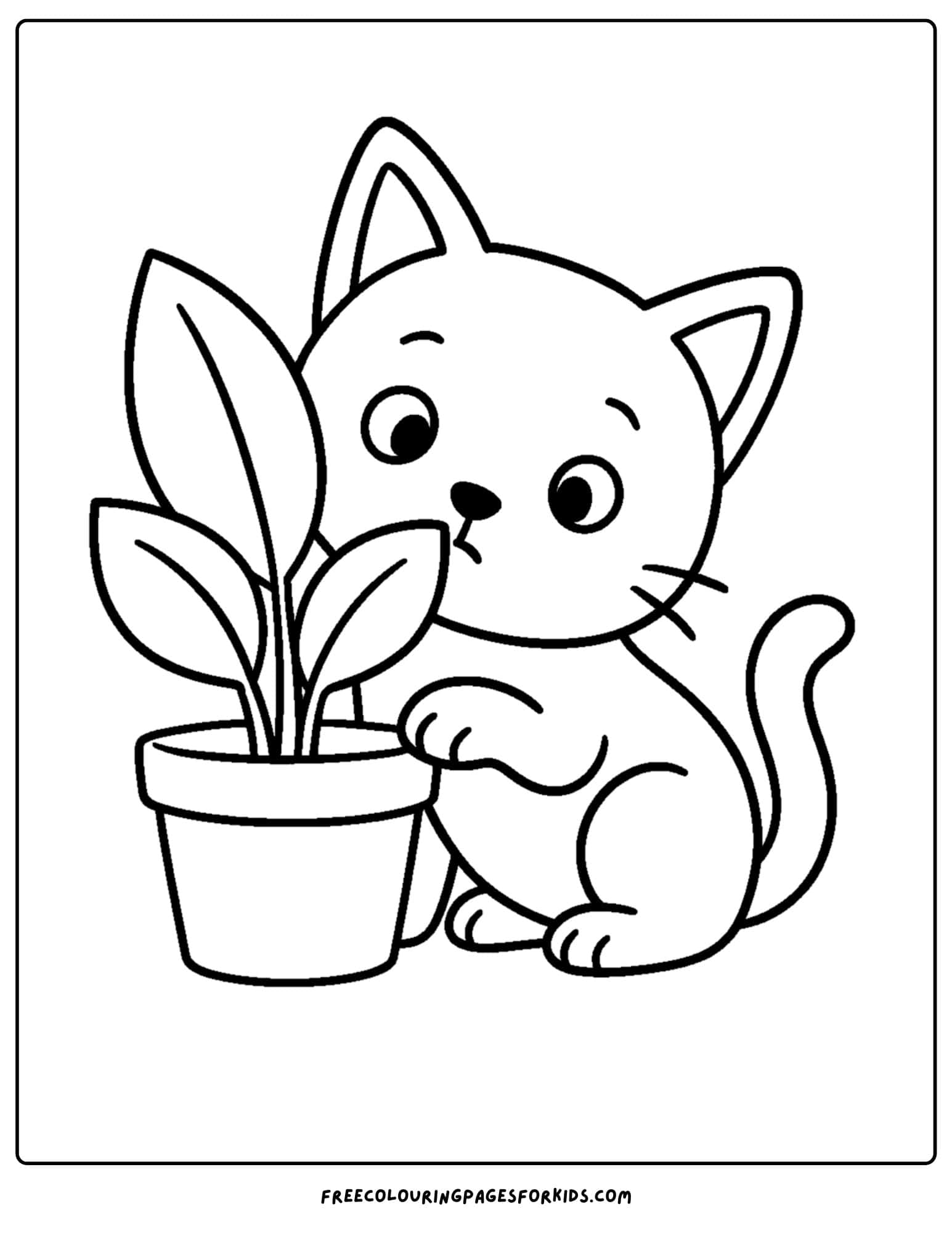 a cat themed coloring page featuring a cat hiding behind a plant
