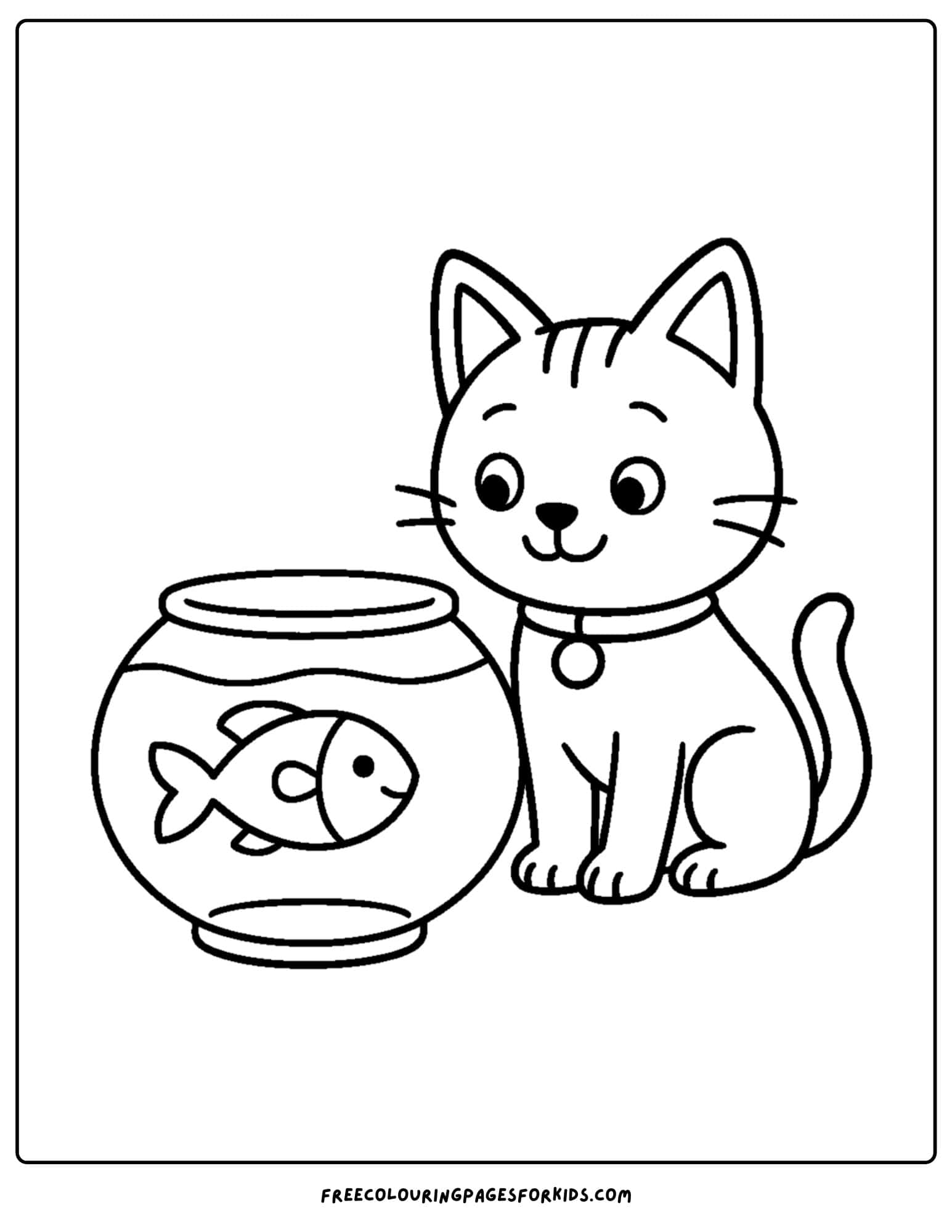 a cat themed coloring page featuring a cat looking at a fish in a bowl