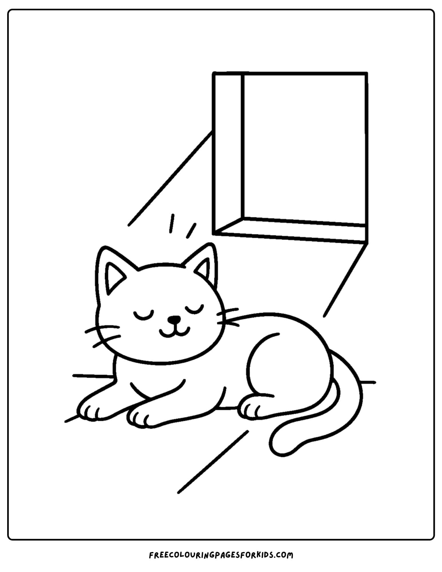 a cat themed coloring page featuring a cat laying in the sun coming in a window