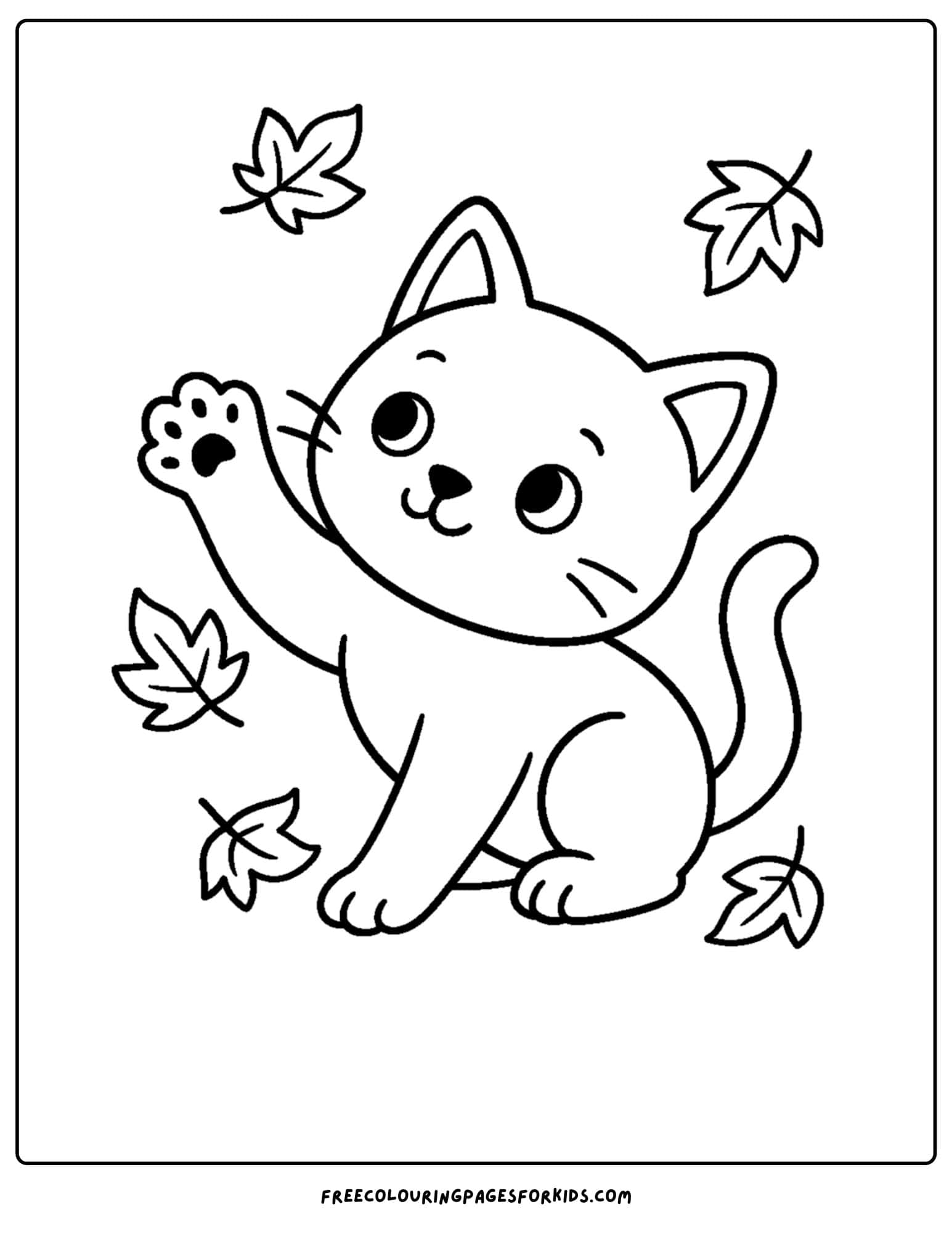 a cat themed coloring page featuring a cat pawing at leaves