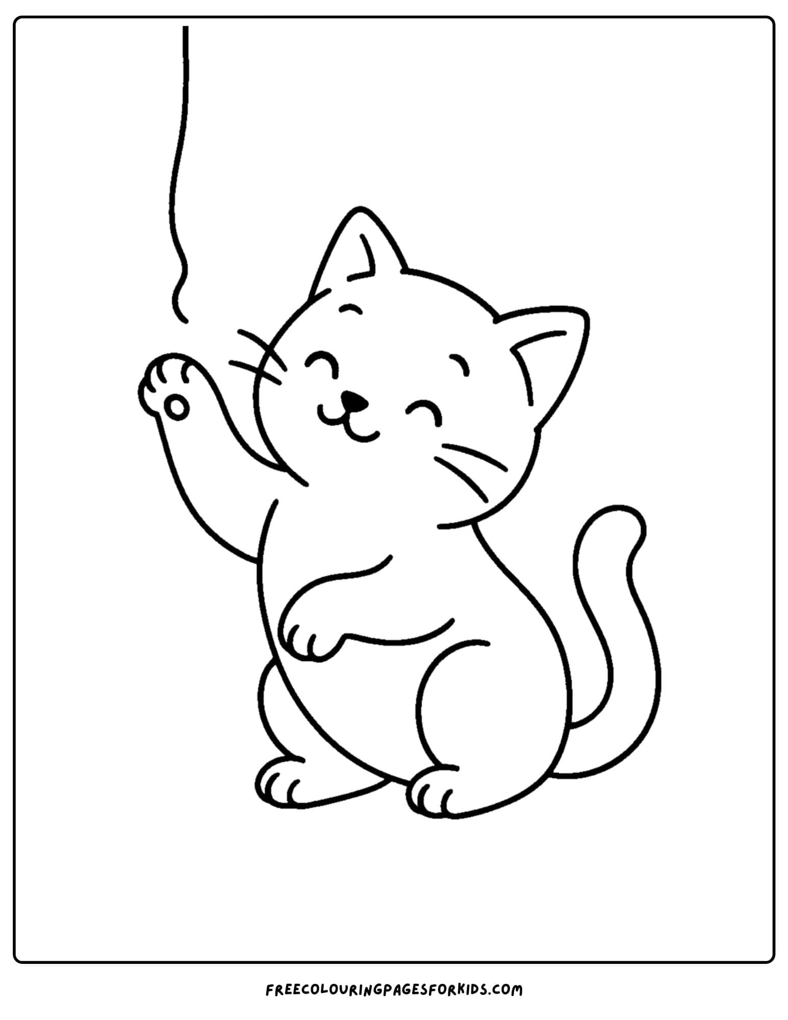 a cat themed coloring page featuring a cat pawing at a string hanging from above